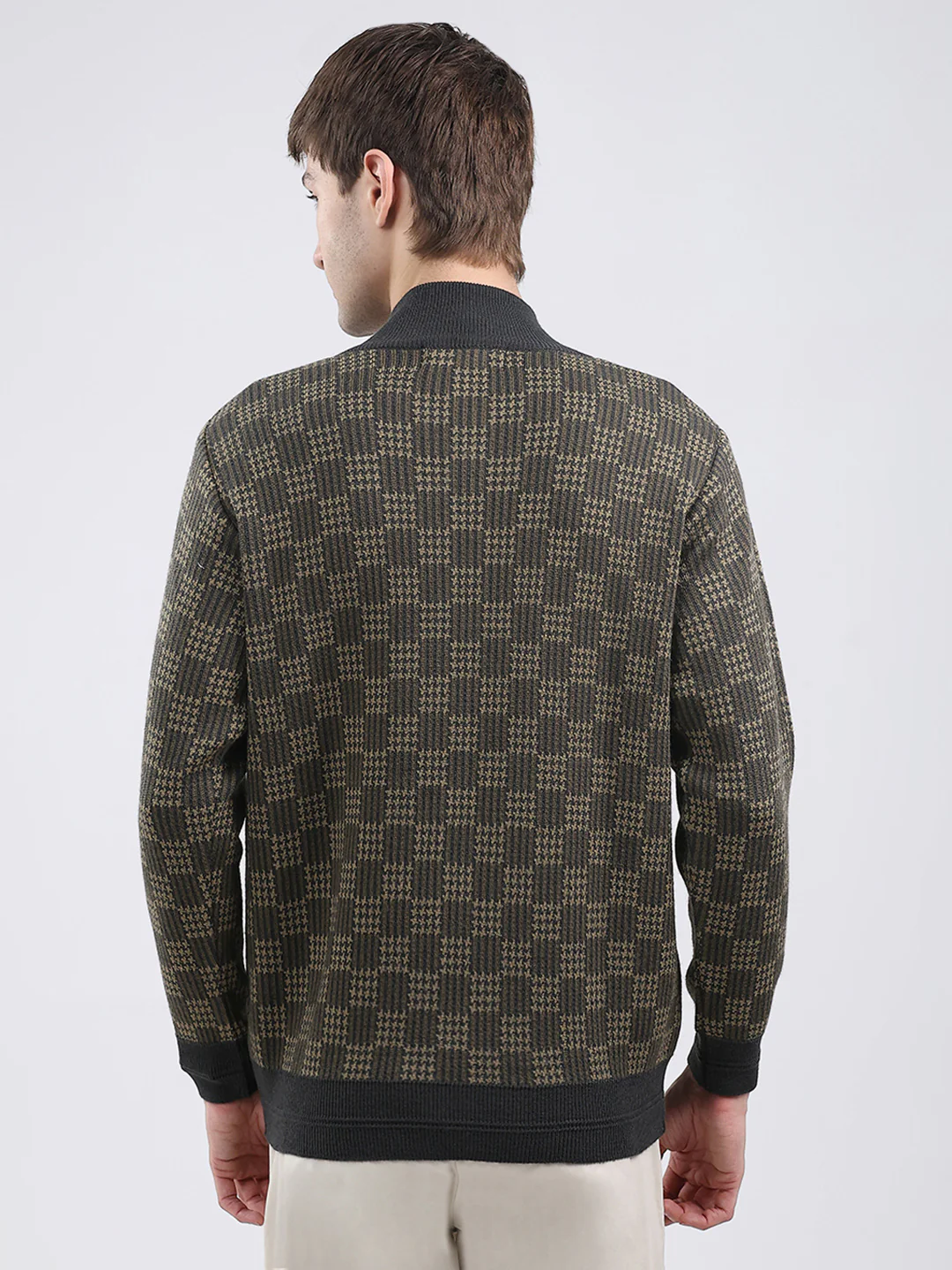 Men Green Self Design Mock Neck Full Sleeve Pullover - Image 5