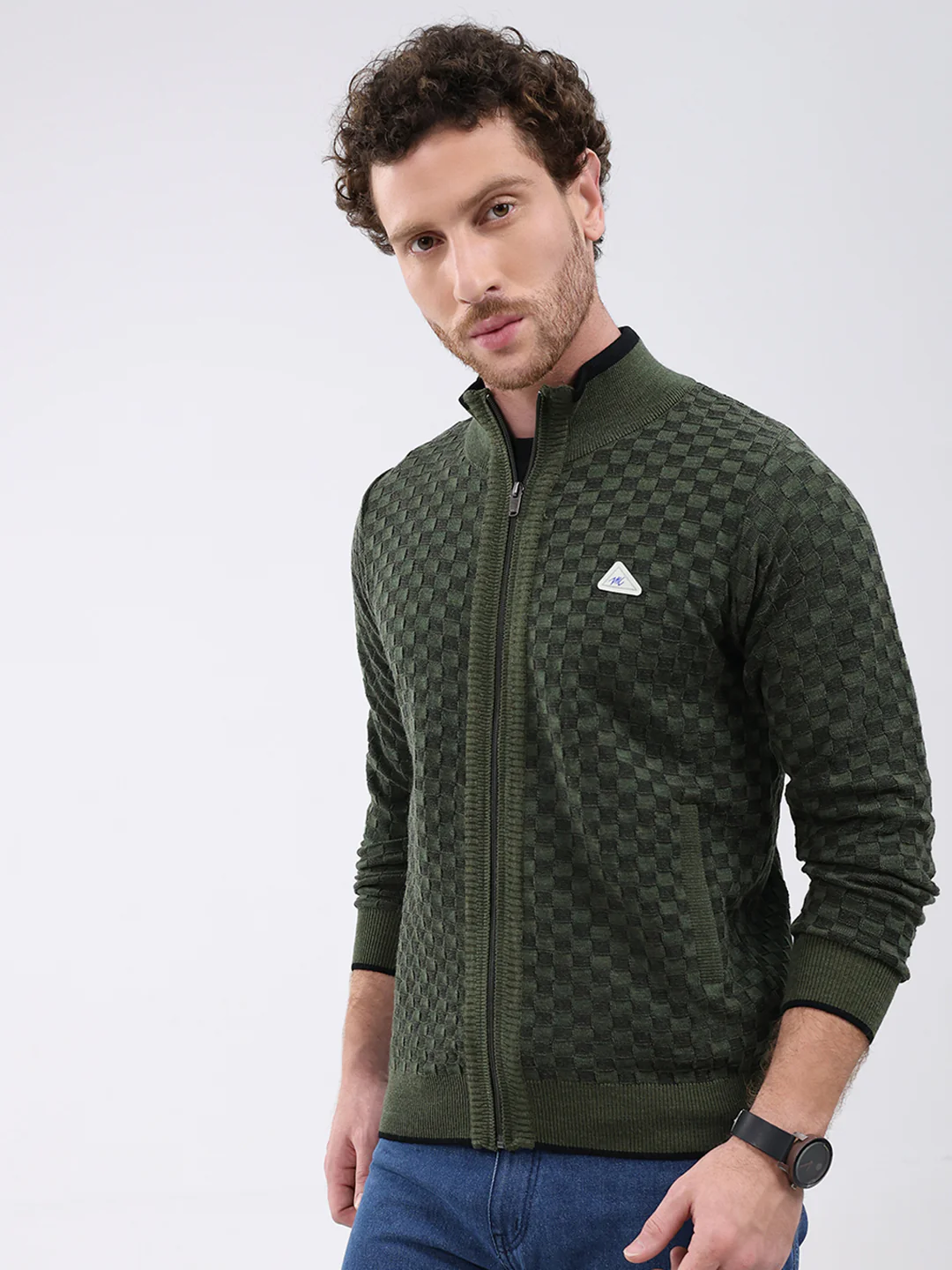 Men Green Self Design Mock Neck Full Sleeve Pullover - Image 3