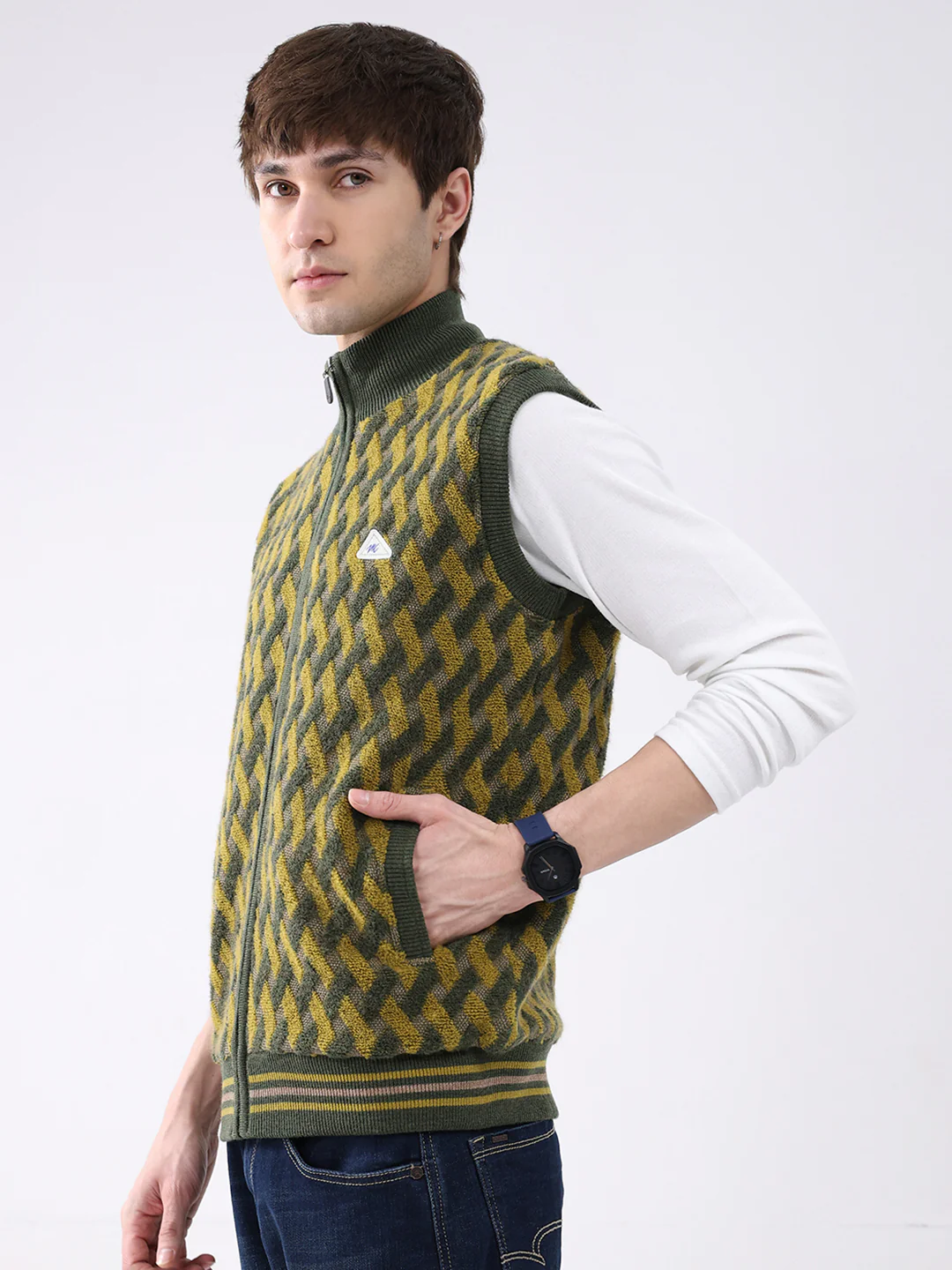 Men Green Self Design Mock Neck Sleeveless Jacket - Image 3