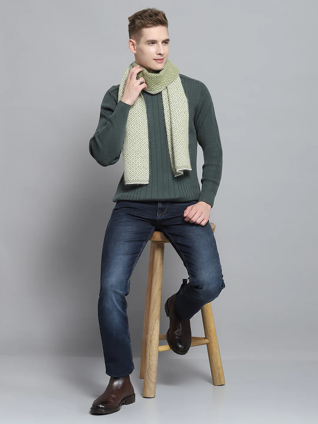 Men Green Self Design Muffler - Image 2