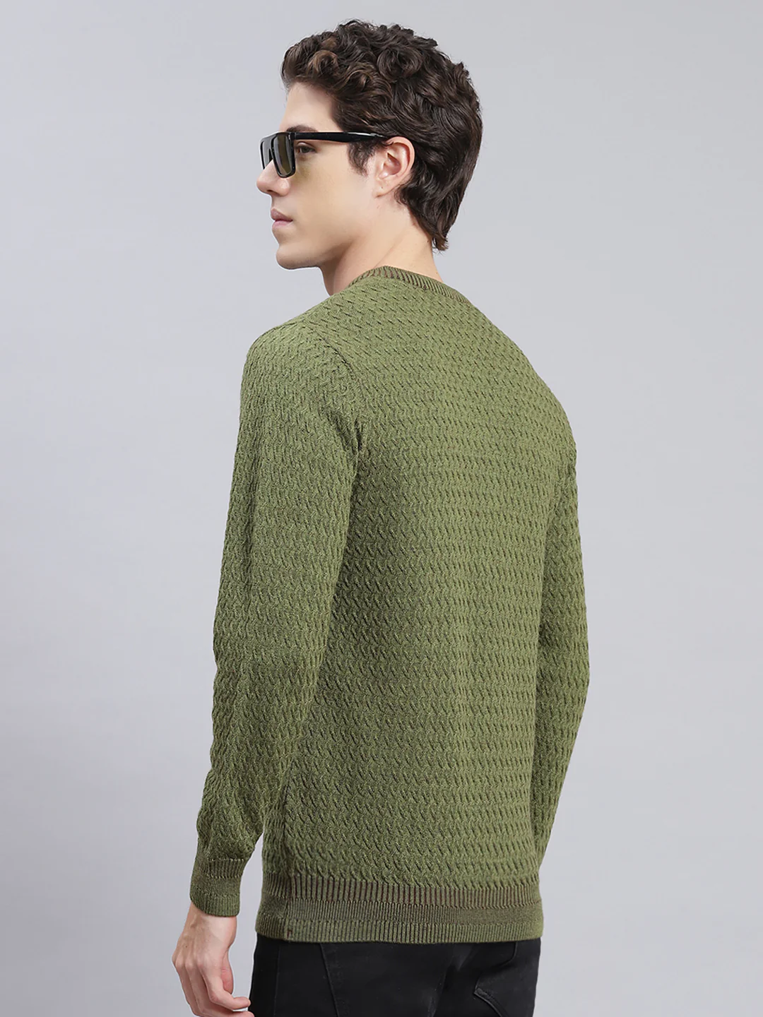 Men Green Self Design Pure wool Pullover - Image 4