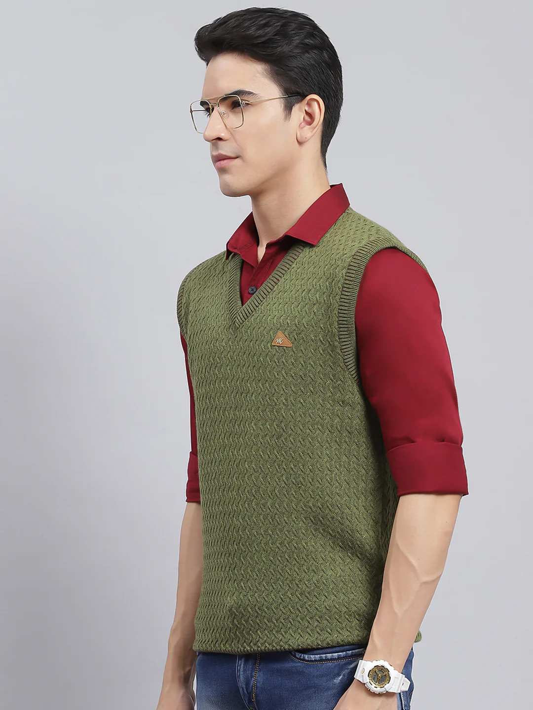 Men Green Self Design Pure wool Sweater - Image 3