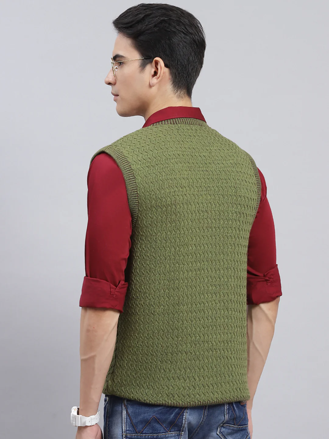 Men Green Self Design Pure wool Sweater - Image 4