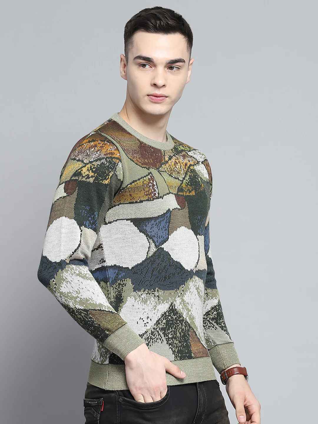 Men Green Self Design Round Neck Full Sleeve Pullover - Image 4