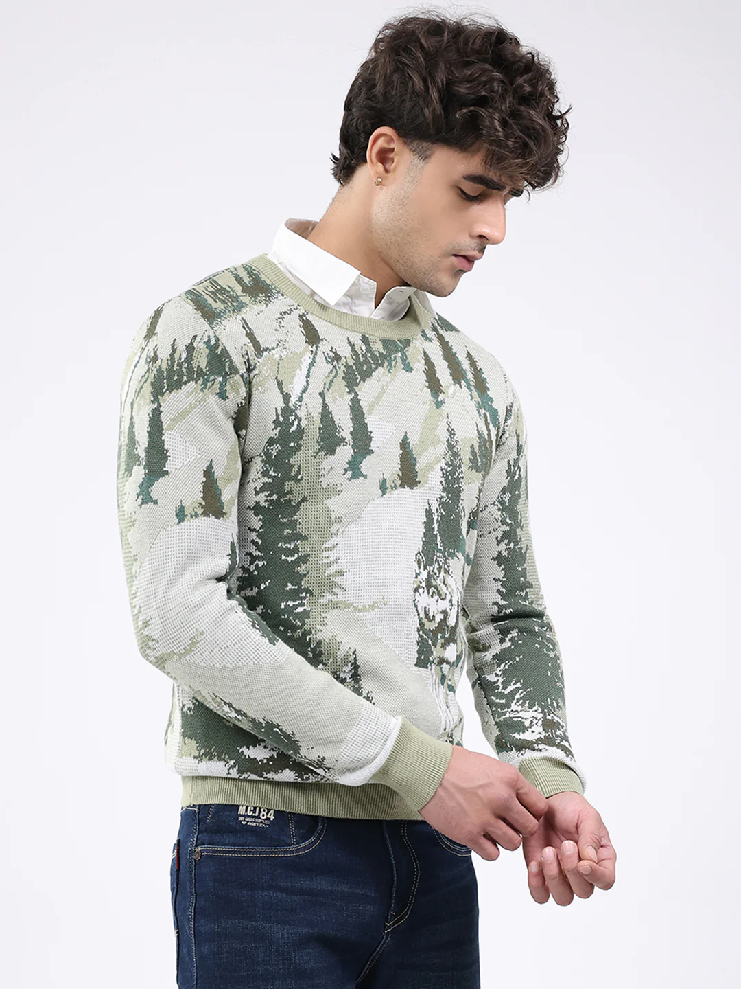 Men Green Self Design Round Neck Full Sleeve Pullover - Image 4