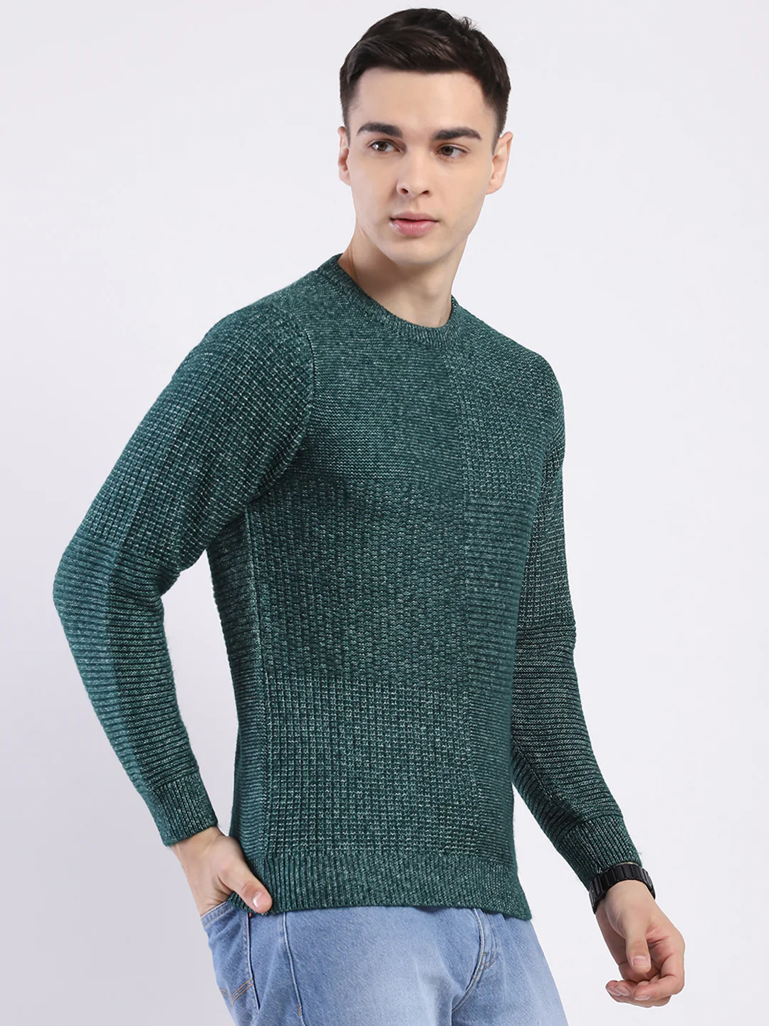 Men Green Self Design Round Neck Full Sleeve Pullover - Image 4