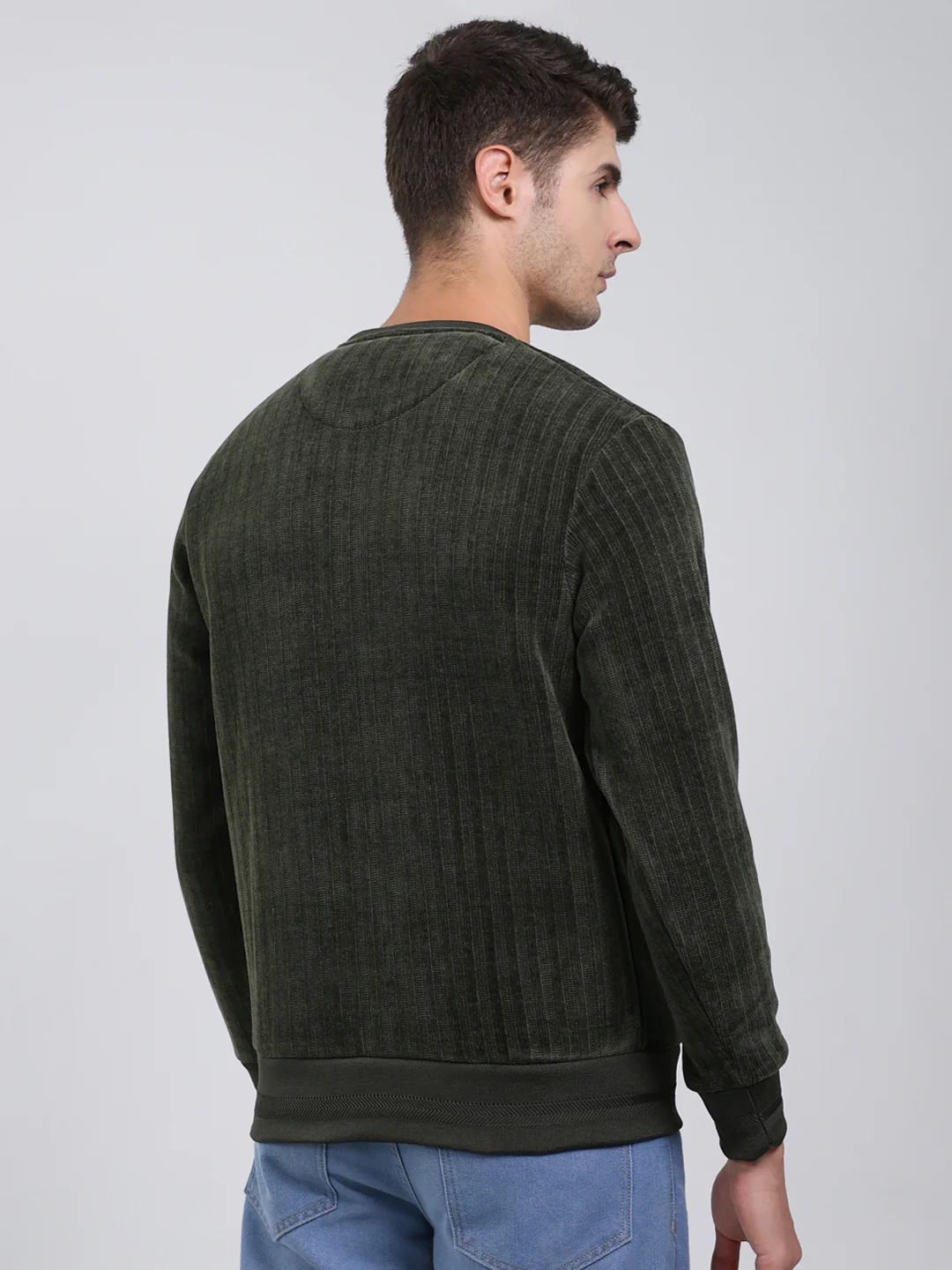 Men Green Self Design Round Neck Full Sleeve Sweatshirt - Image 5