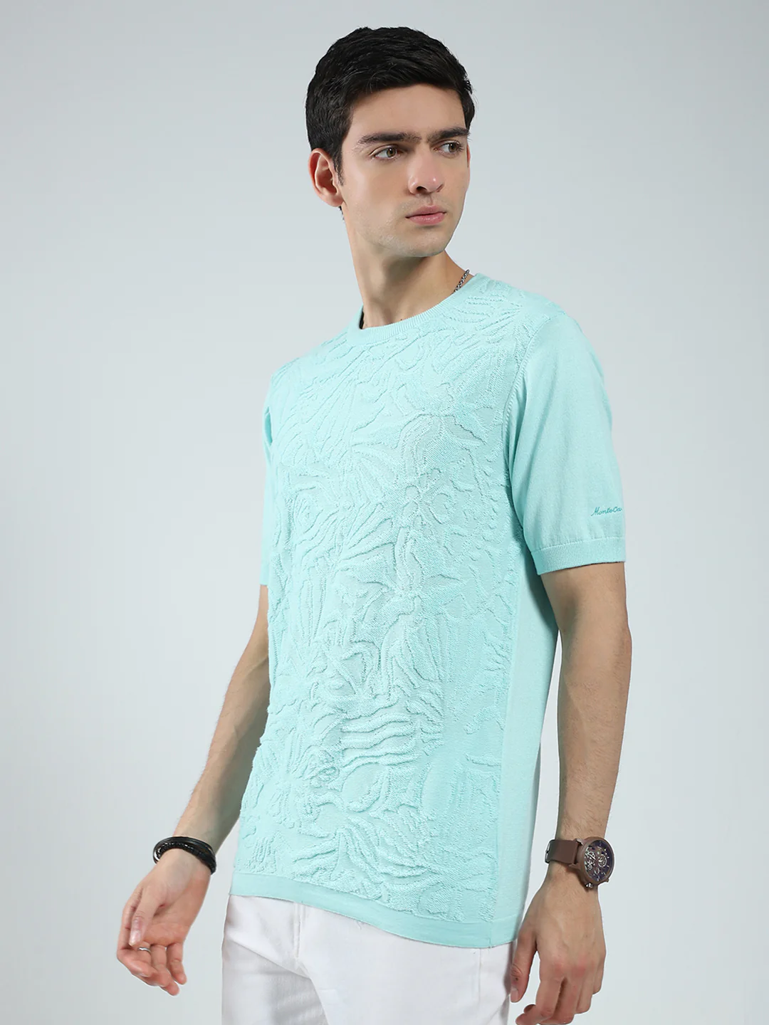 Men Green Self Design Round Neck Half Sleeve T-Shirt - Image 3