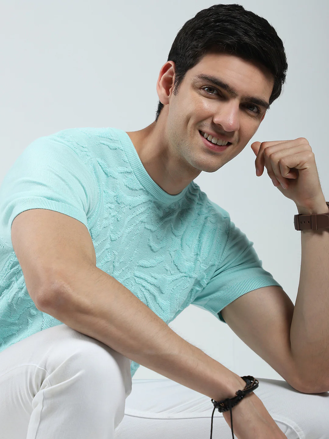 Men Green Self Design Round Neck Half Sleeve T-Shirt - Image 6