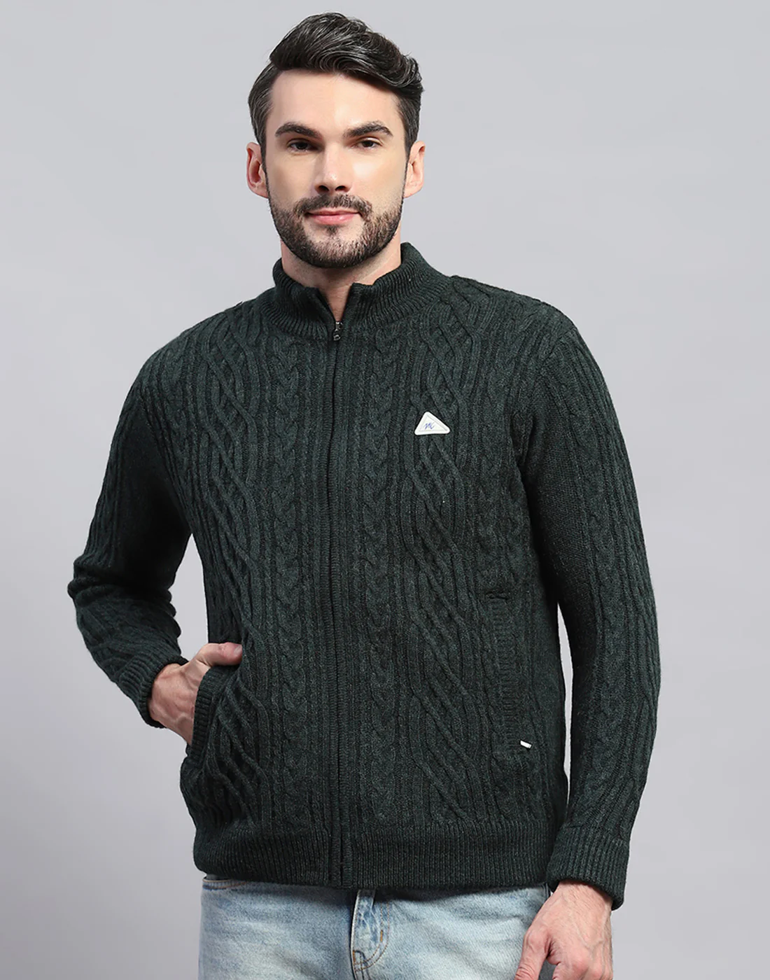 Men Green Self Design Turtle Neck Full Sleeve Jacket - Image 2