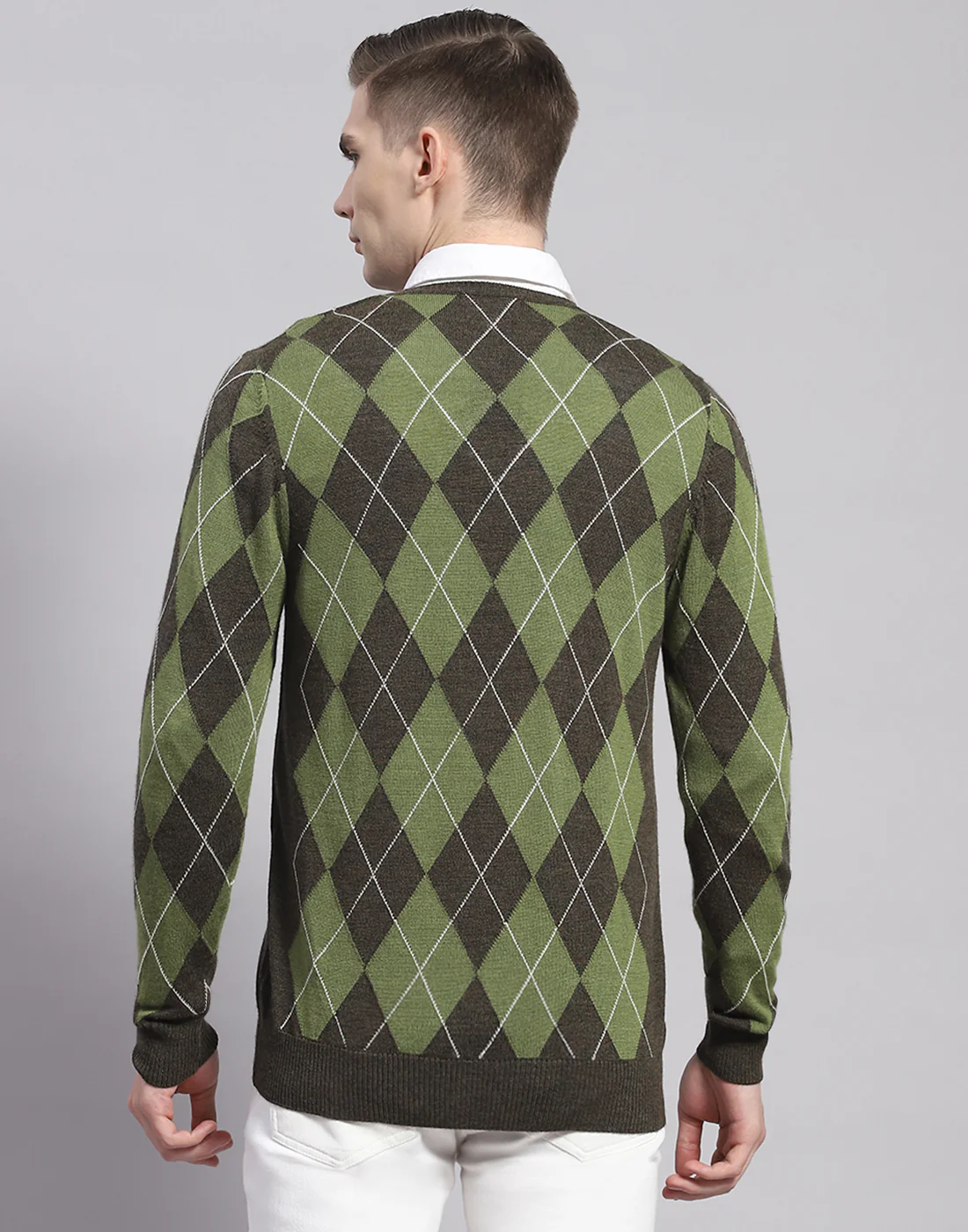 Men Green Self Design V Neck Full Sleeve Pullover - Image 5