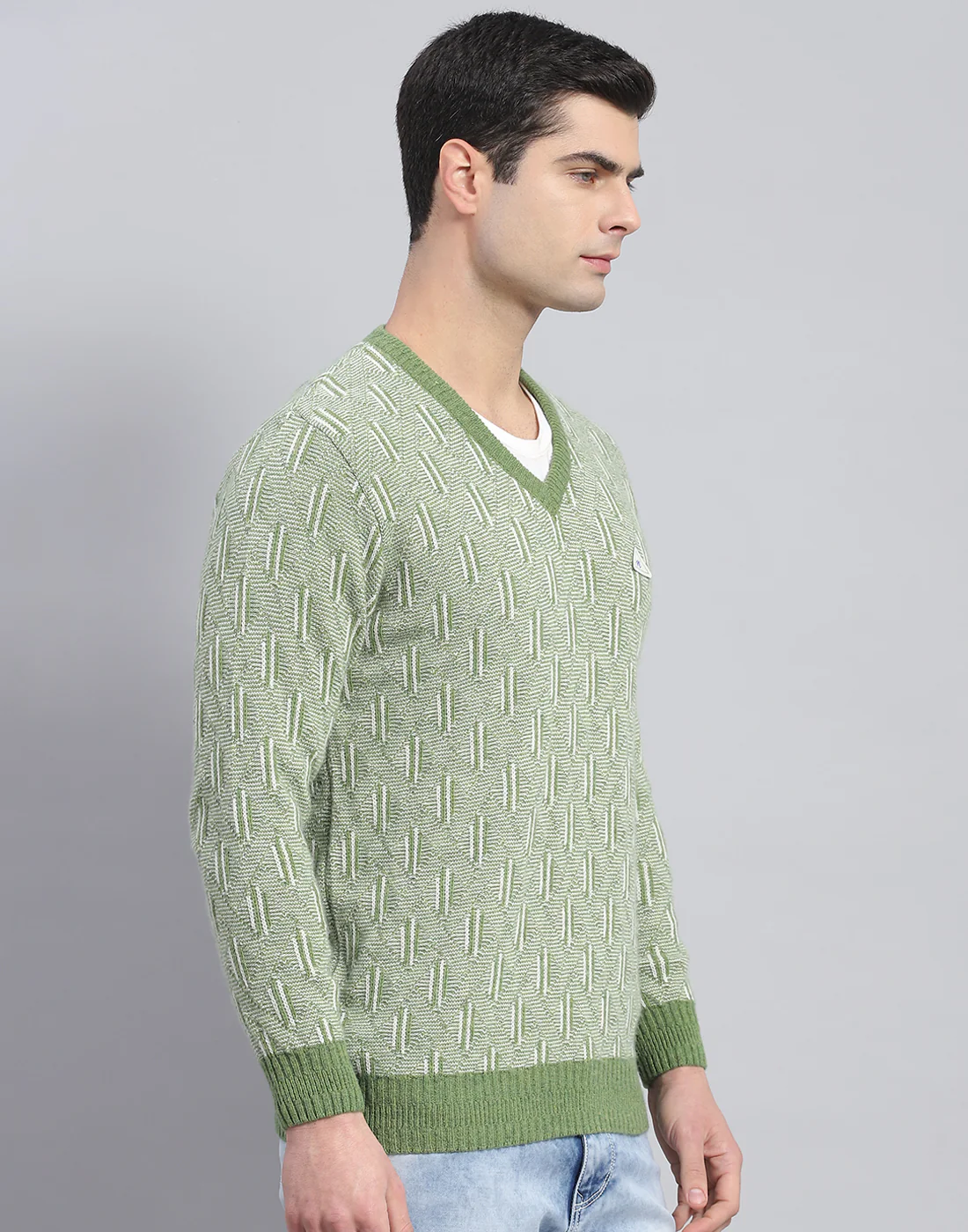Men Green Self Design V Neck Full Sleeve Pullover - Image 5