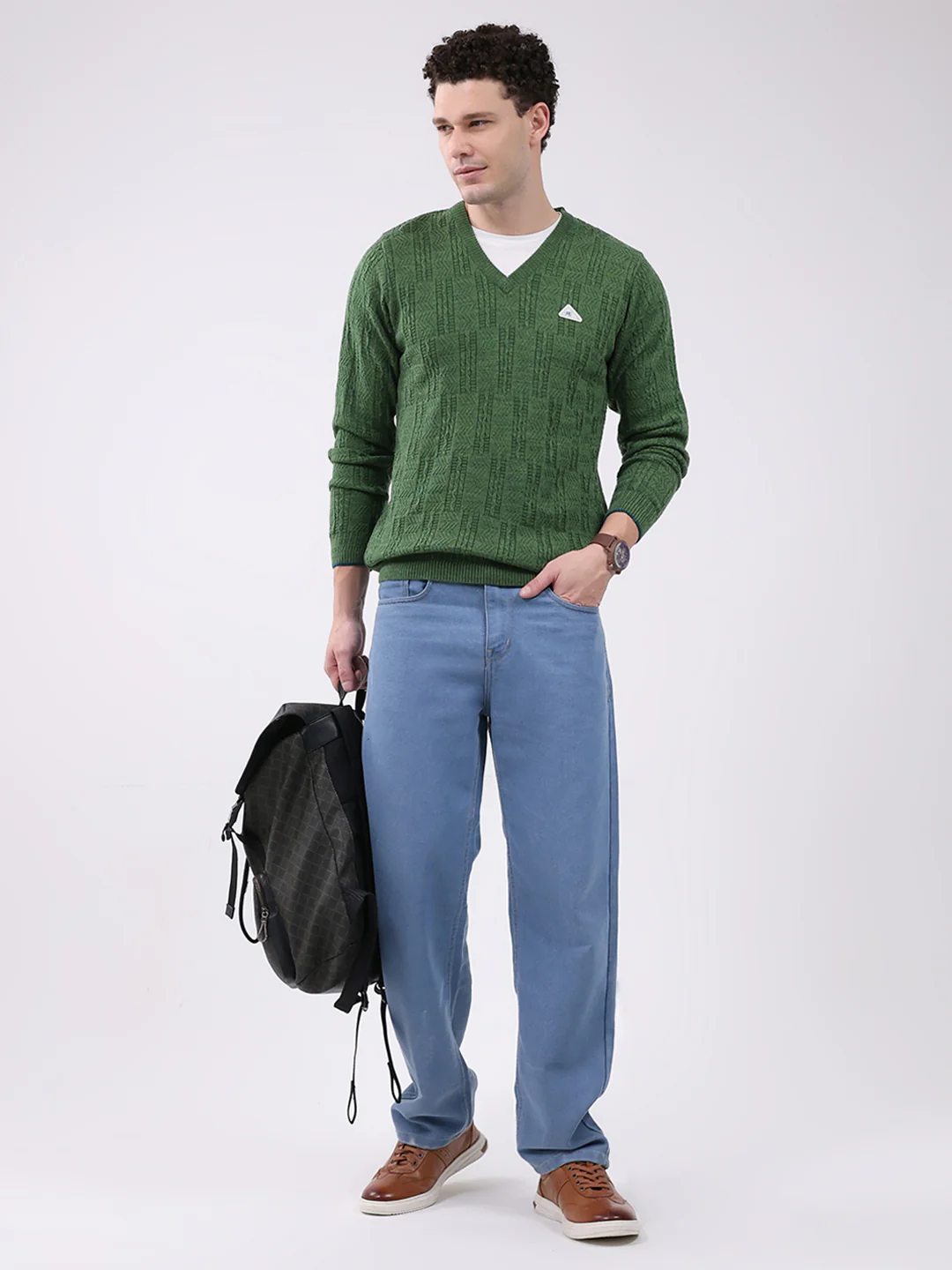 Men Green Self Design V Neck Full Sleeve Pullover - Image 2