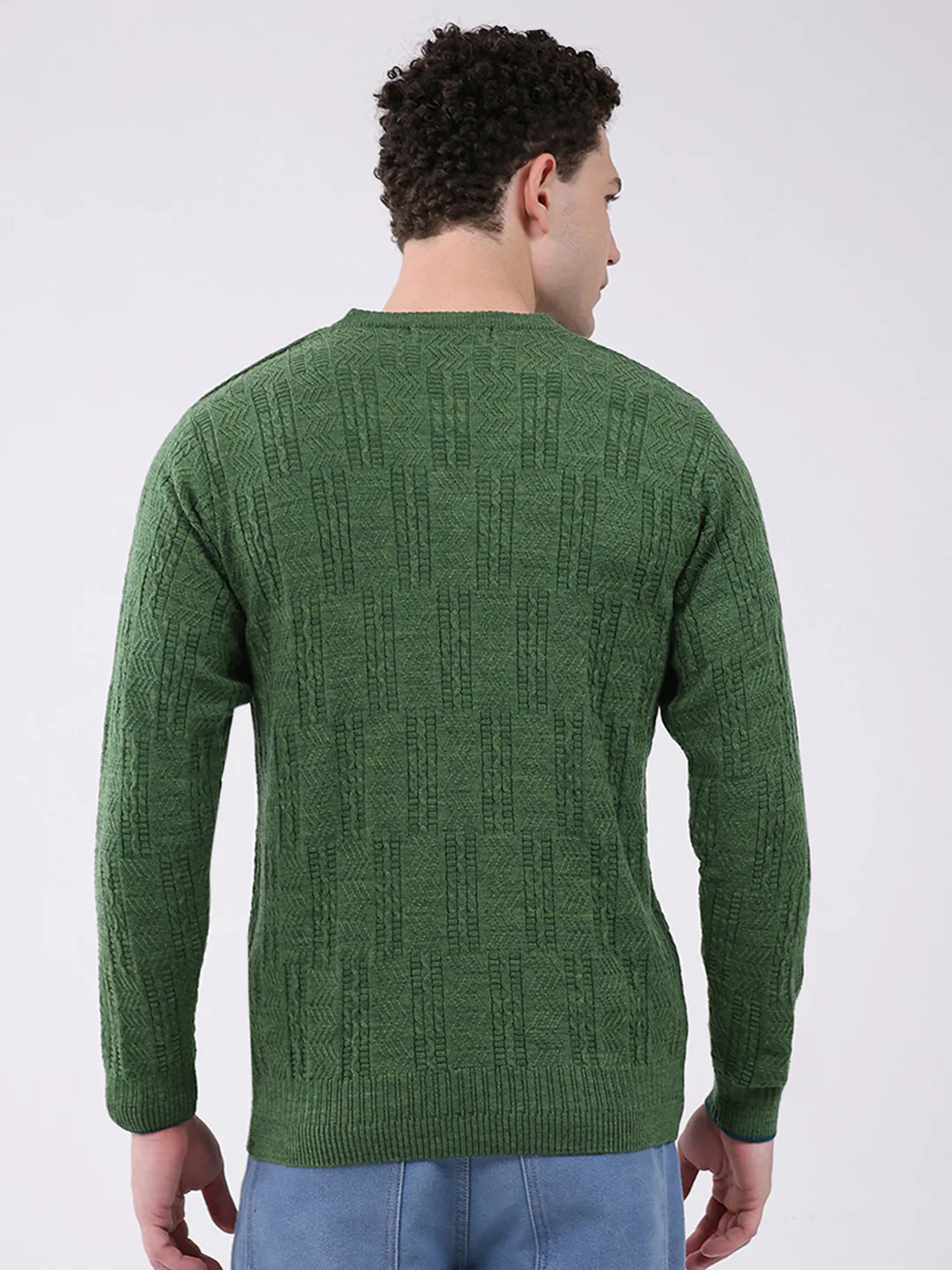 Men Green Self Design V Neck Full Sleeve Pullover - Image 5