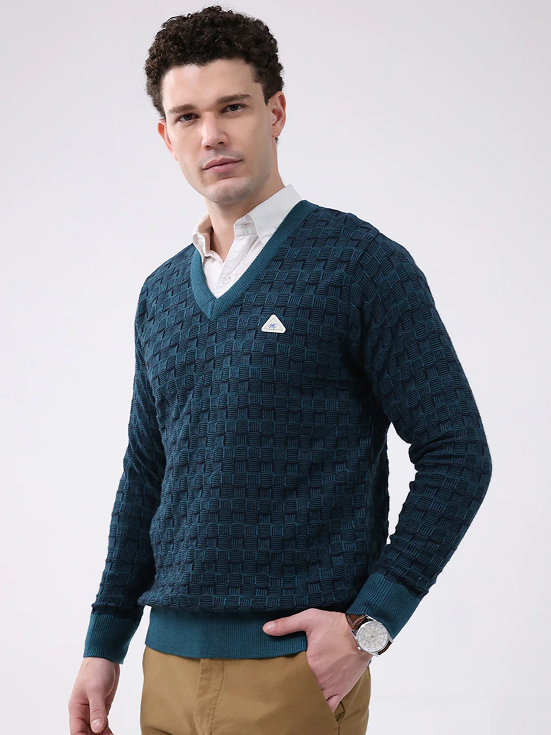 Men Green Self Design V Neck Full Sleeve Pullover - Image 3