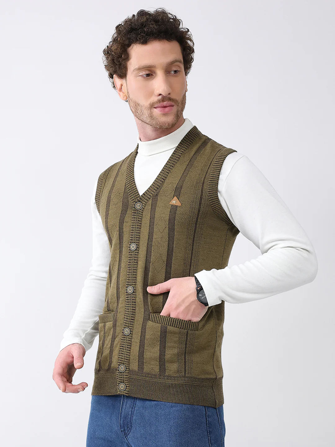 Men Green Self Design V Neck Sleeveless Cardigan - Image 3