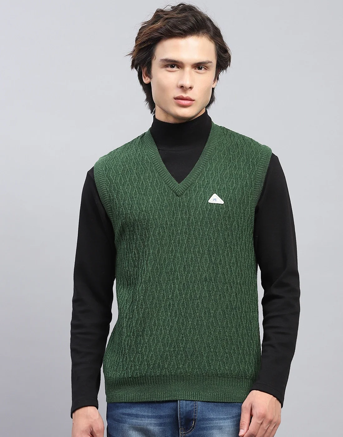 Men Green Self Design V Neck Sleeveless Sweater - Image 2