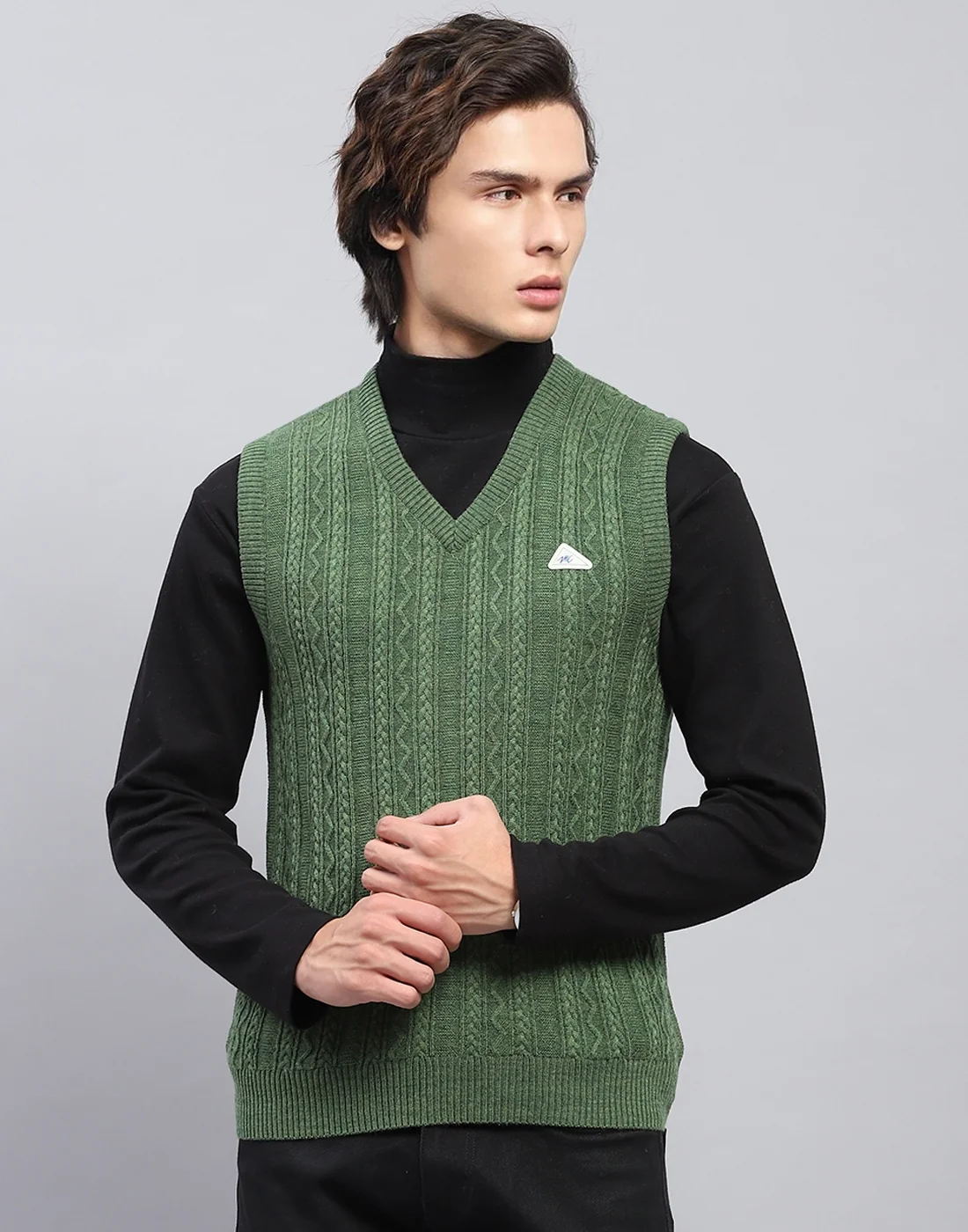 Men Green Self Design V Neck Sleeveless Sweater - Image 2