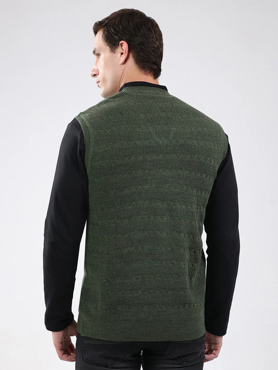 Men Green Self Design V Neck Sleeveless Sweater - Image 5