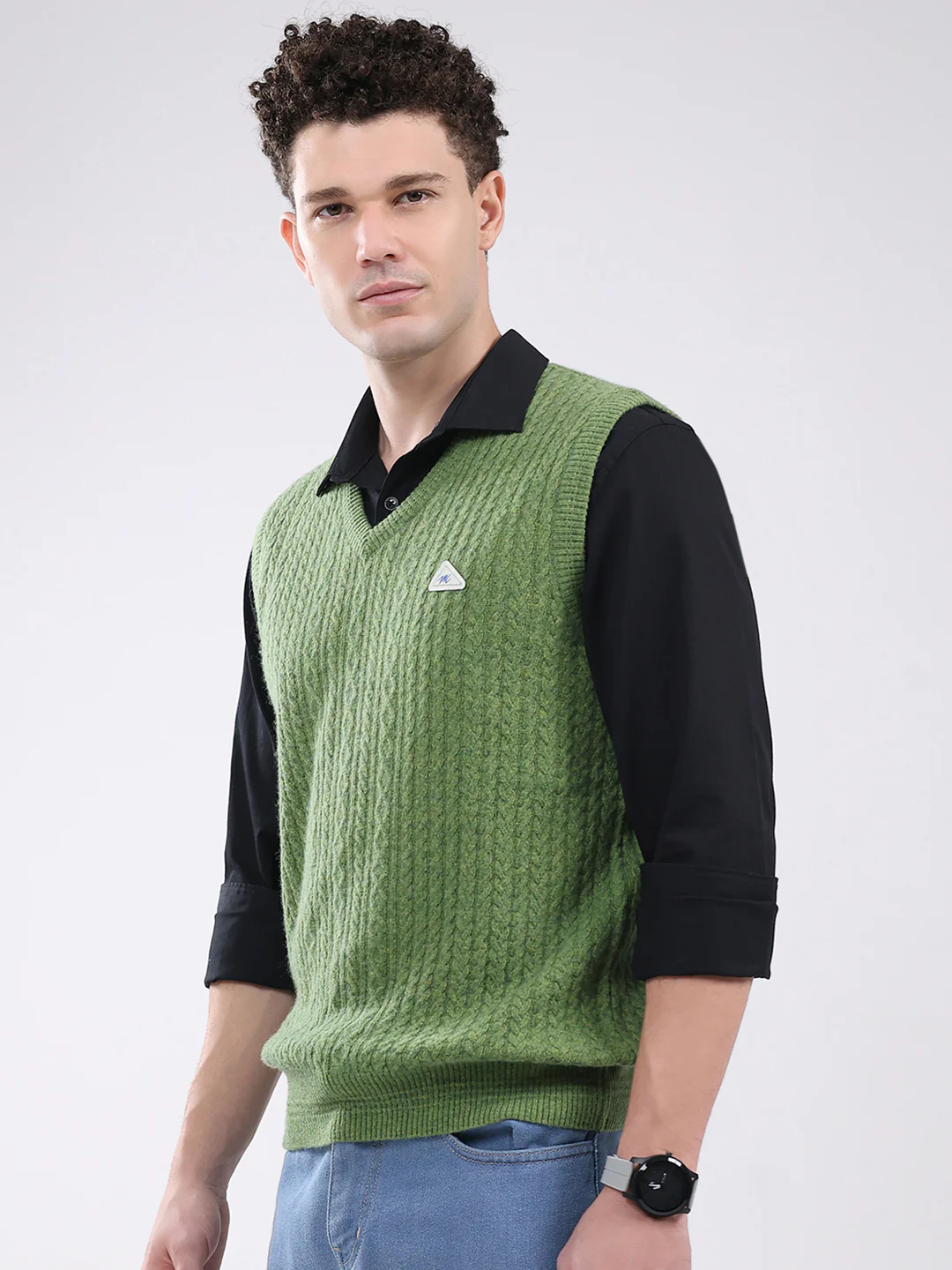 Men Green Self Design V Neck Sleeveless Sweater - Image 3