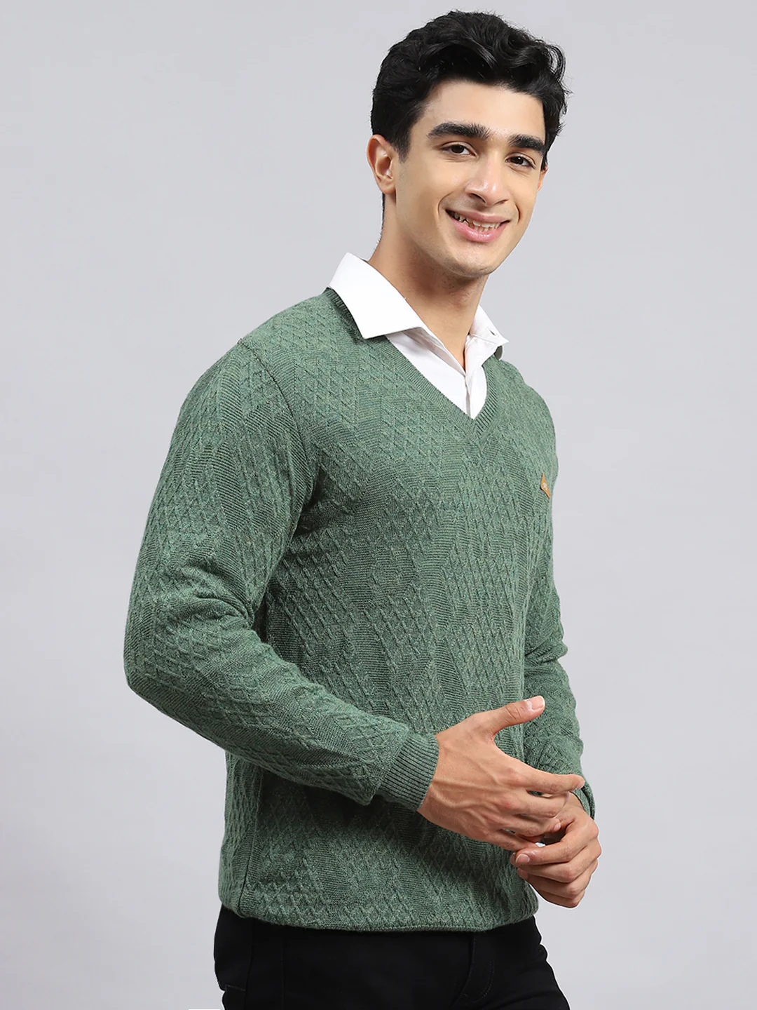Men Green Self Pullover - Image 3
