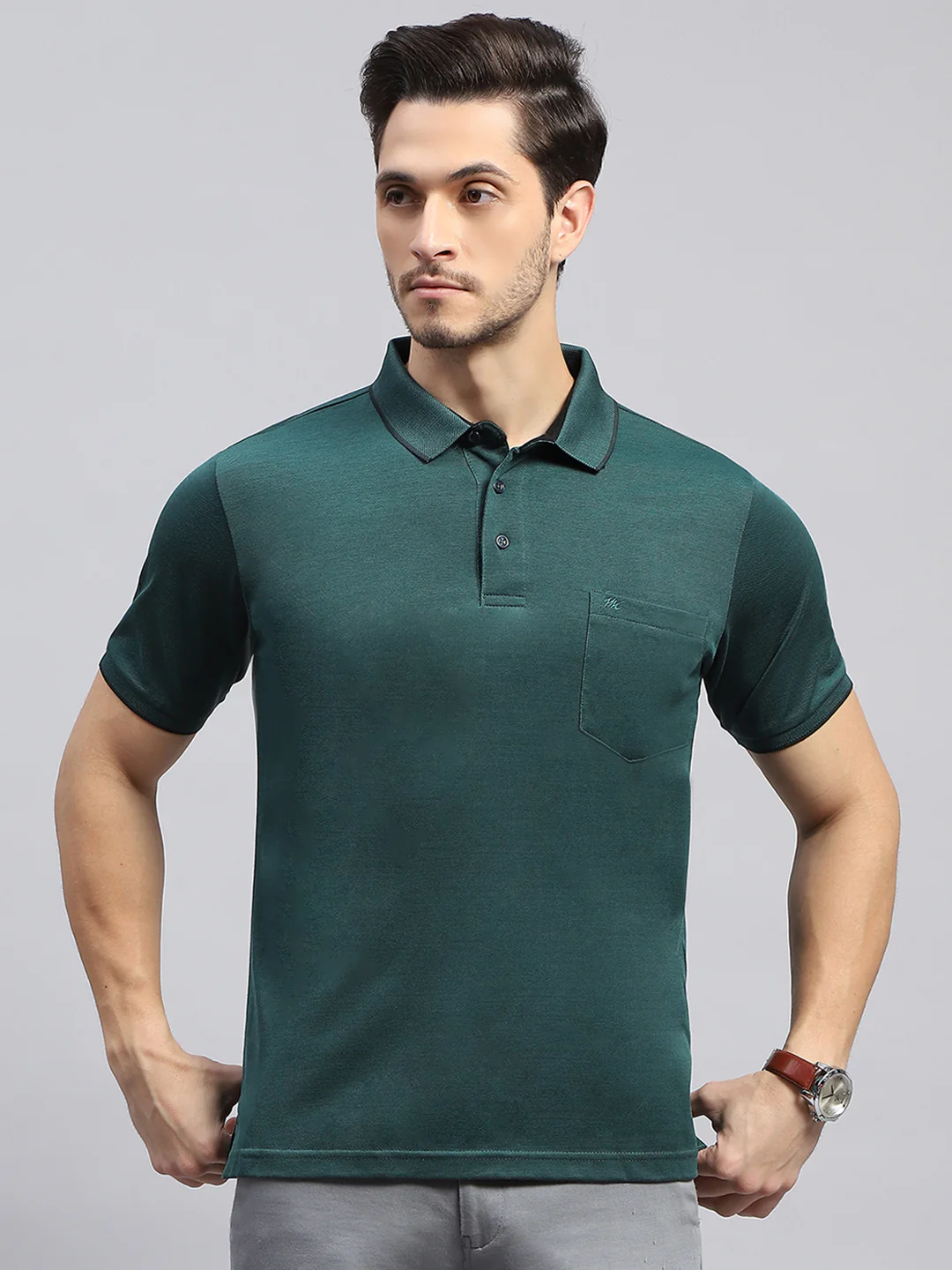 Men Green Solid Collar Half Sleeve T-Shirt - Image 2