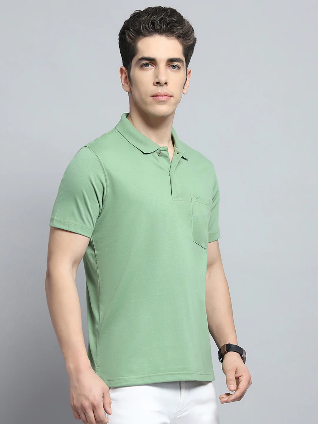 Men Green Solid Collar Half Sleeve T-Shirt - Image 4