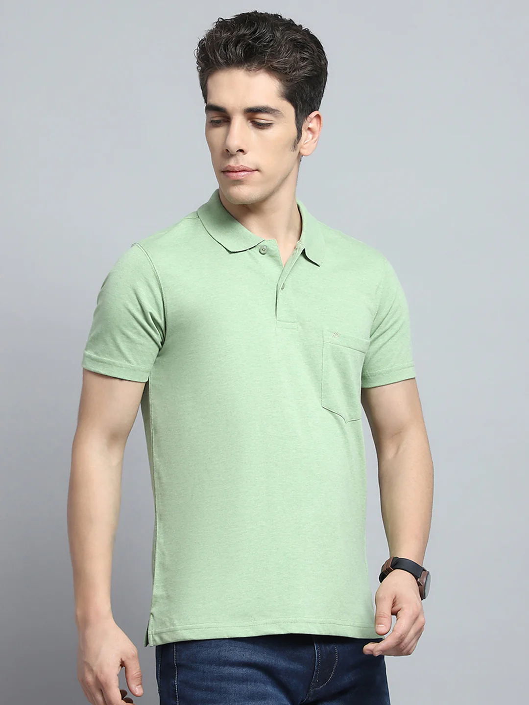 Men Green Solid Collar Half Sleeve T-Shirt - Image 4