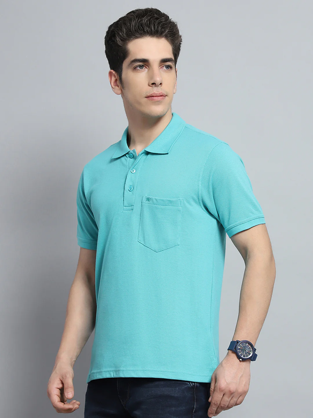 Men Green Solid Collar Half Sleeve T-Shirt - Image 3