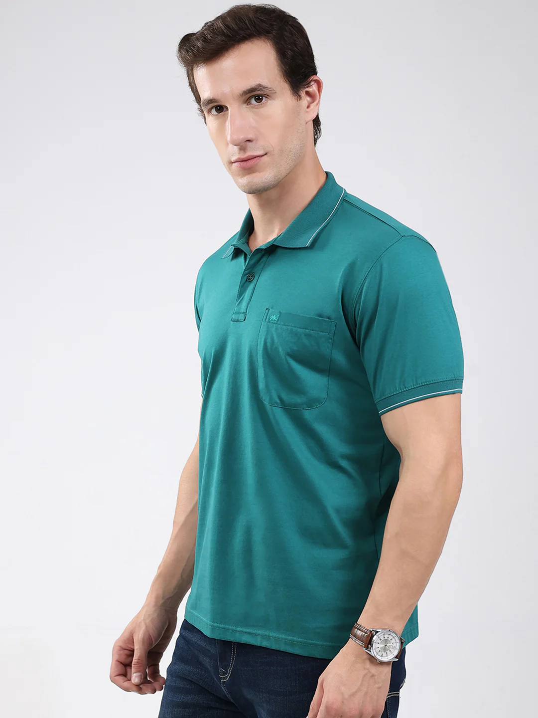 Men Green Solid Collar Half Sleeve T-Shirt - Image 3
