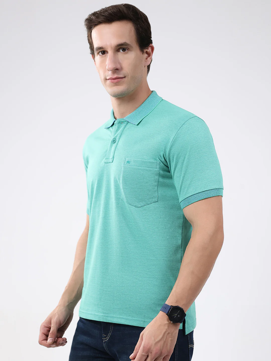 Men Green Solid Collar Half Sleeve T-Shirt - Image 3