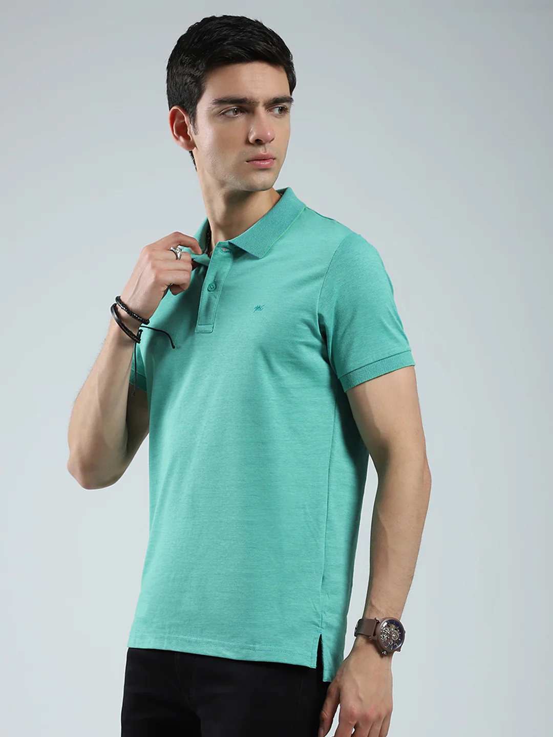 Men Green Solid Collar Half Sleeve T-Shirt - Image 3