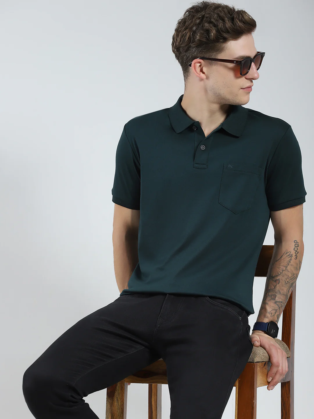 Men Green Solid Collar Half Sleeve T-Shirt - Image 6