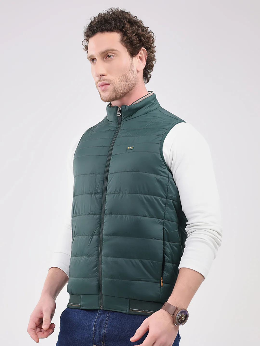 Men Green Solid Collar Sleeveless Jacket - Image 3