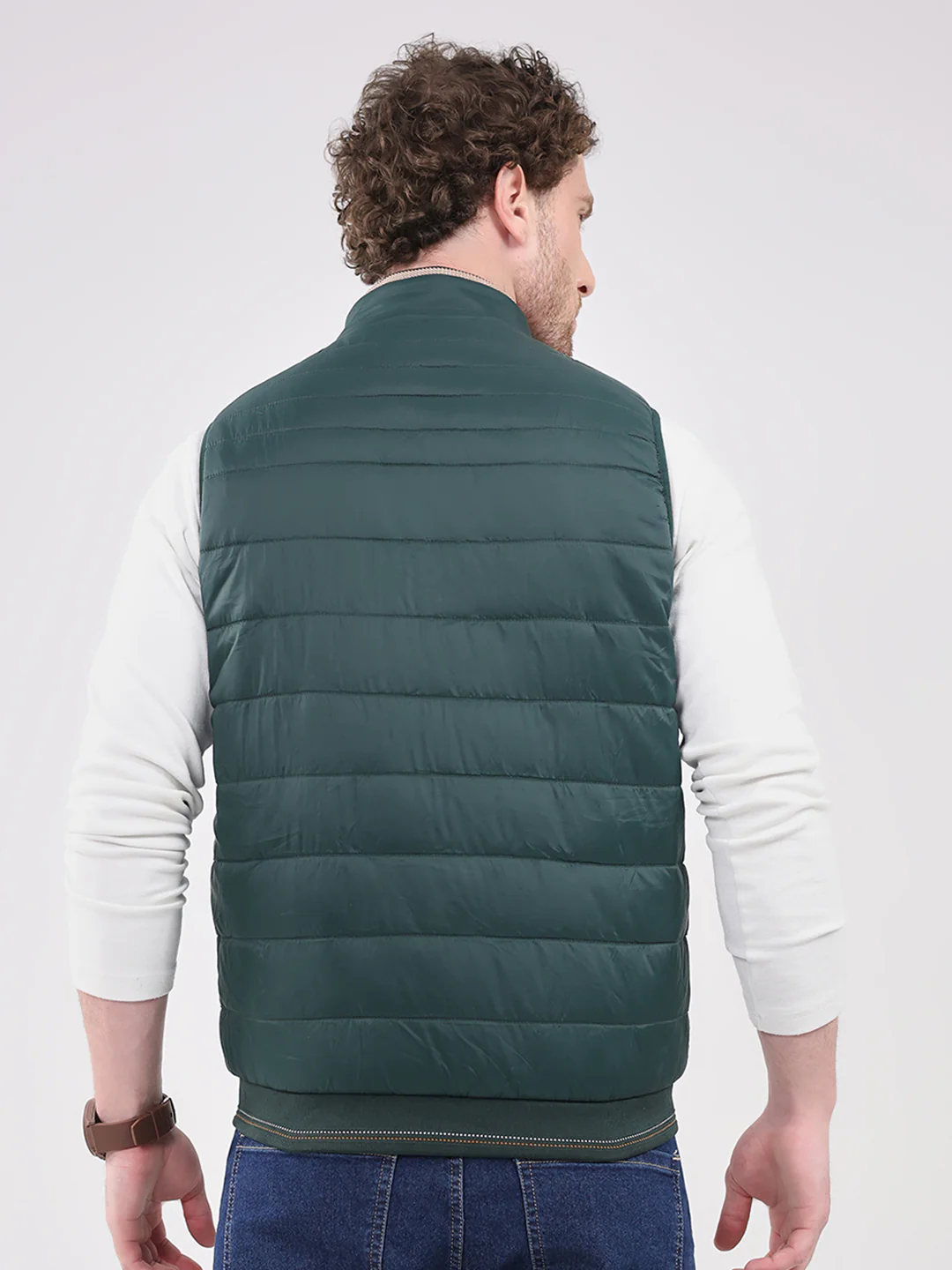 Men Green Solid Collar Sleeveless Jacket - Image 5