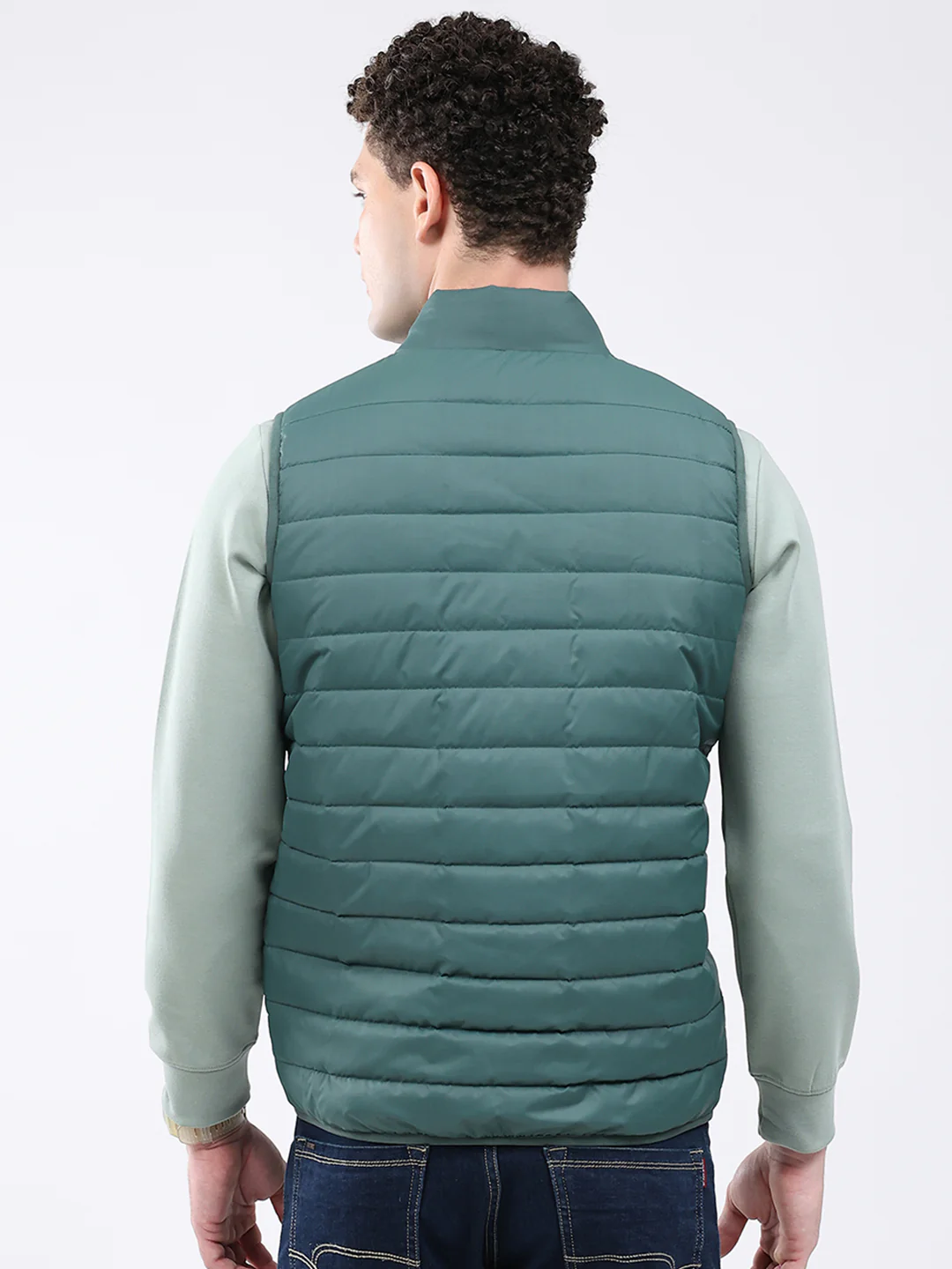 Men Green Solid Collar Sleeveless Jacket - Image 5