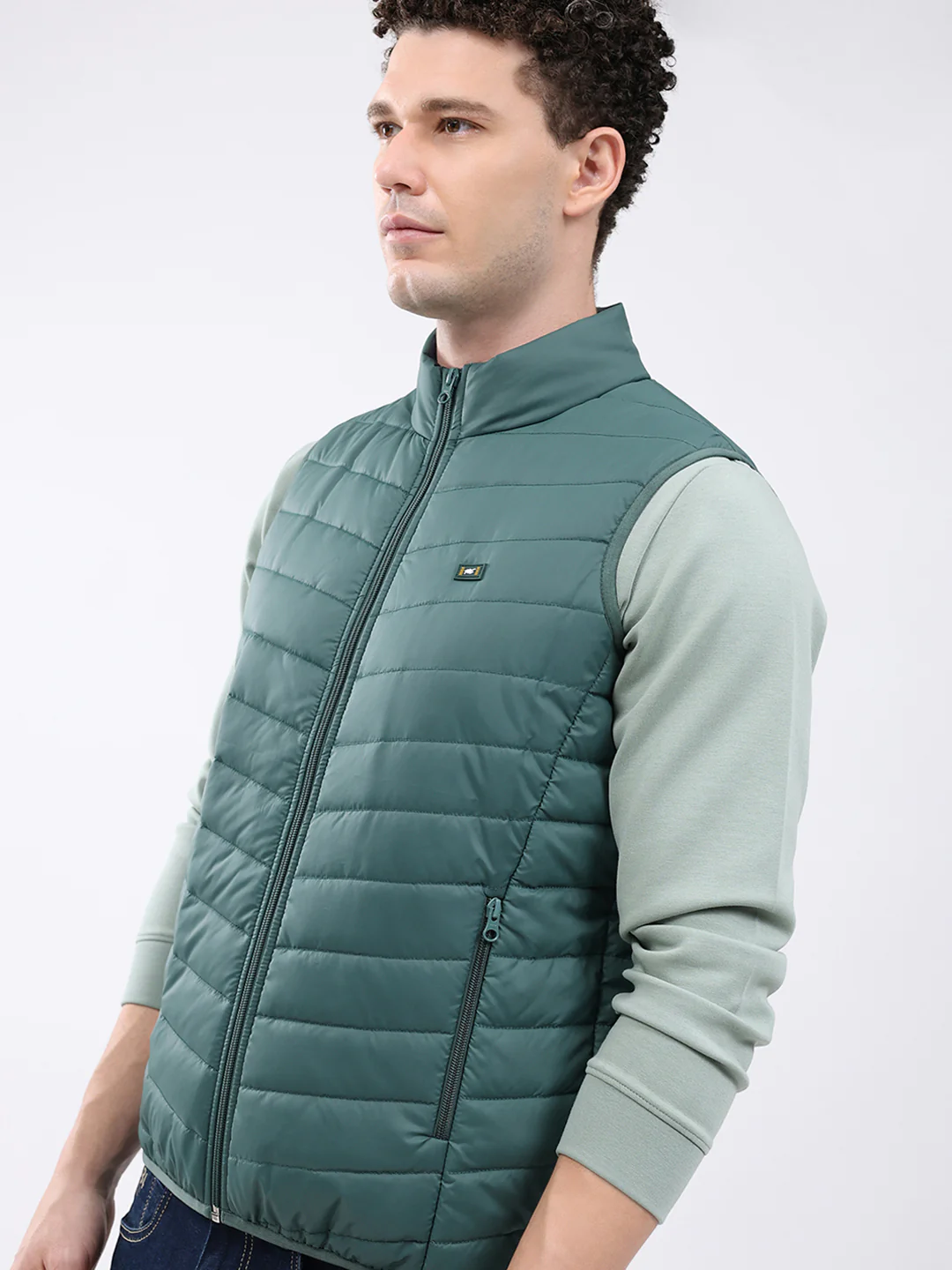 Men Green Solid Collar Sleeveless Jacket - Image 6