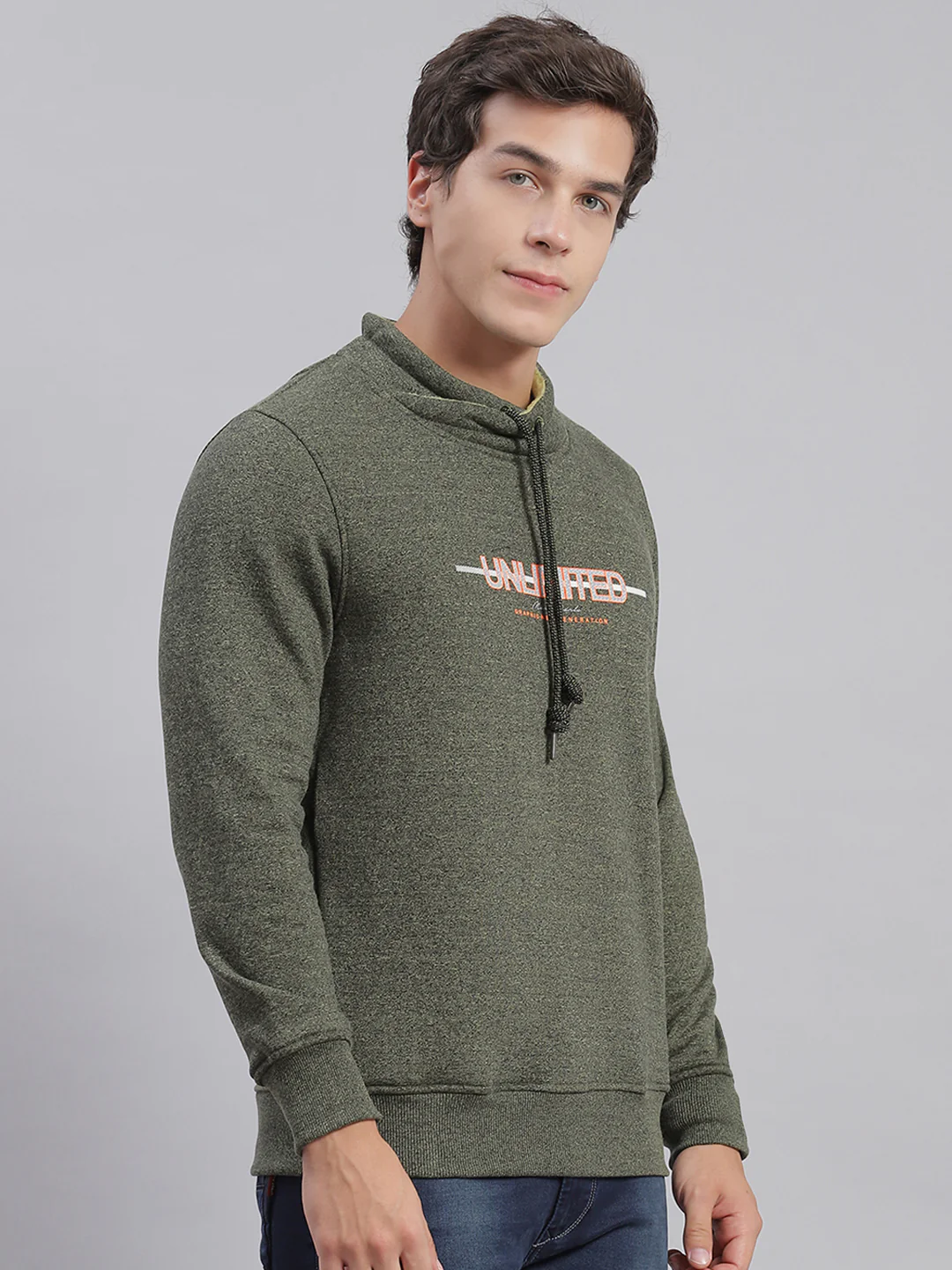 Men Green Solid F Neck Full Sleeve Sweatshirts - Image 6