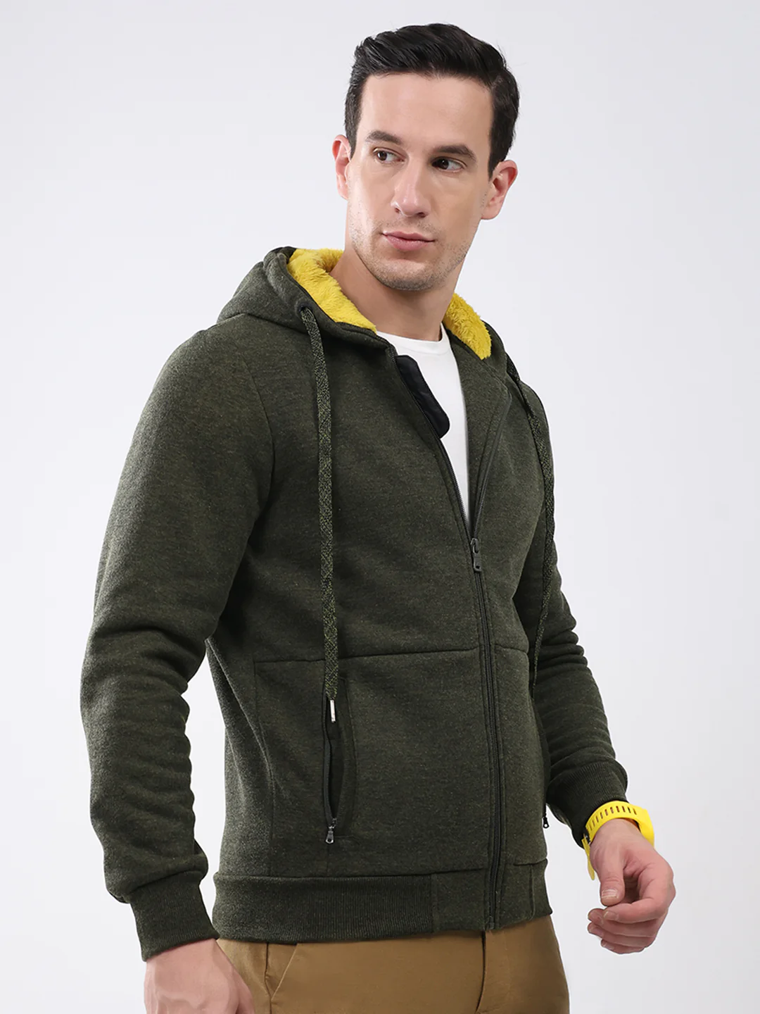 Men Green Solid Hooded Full Sleeve Sweatshirt - Image 4