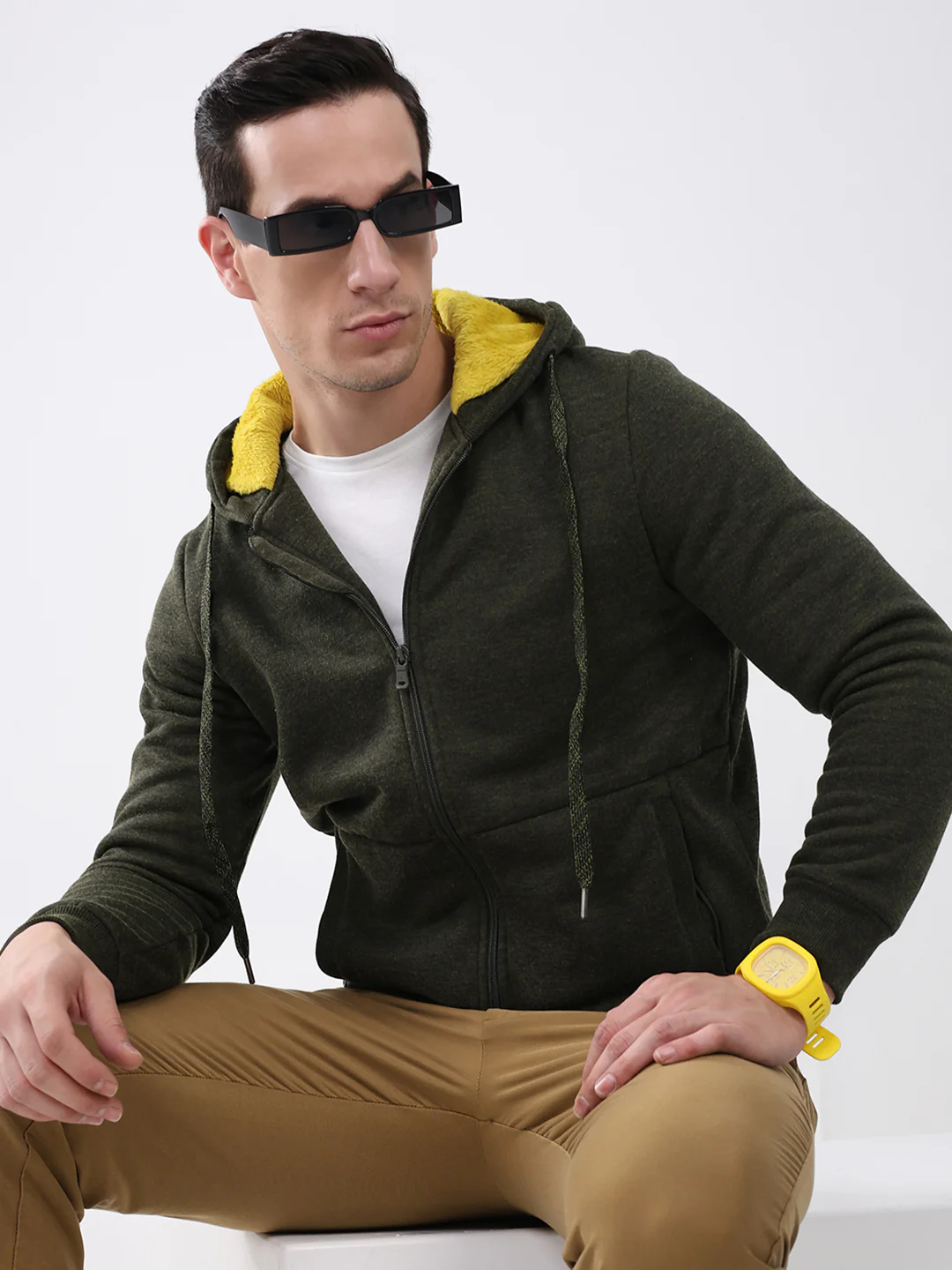 Men Green Solid Hooded Full Sleeve Sweatshirt - Image 6
