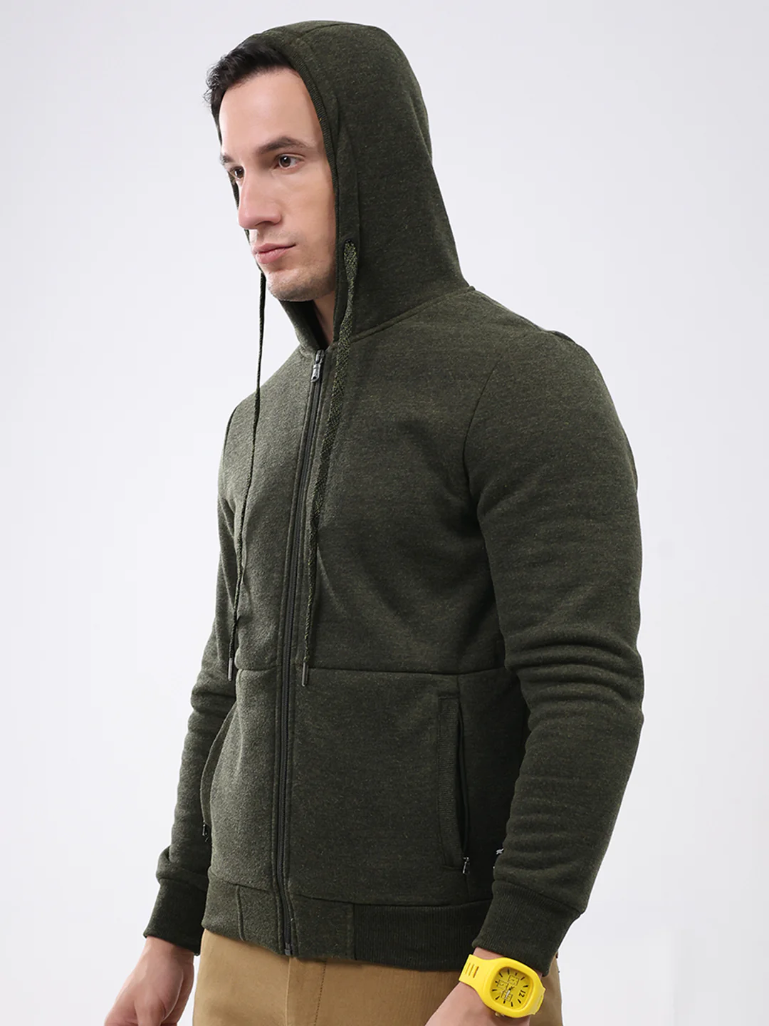 Men Green Solid Hooded Full Sleeve Sweatshirt - Image 7