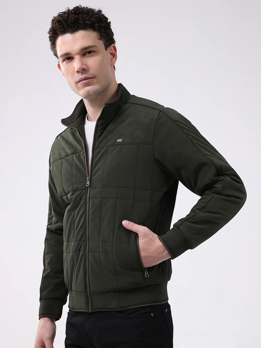 Men Green Solid Mock Neck Full Sleeve Jacket - Image 3