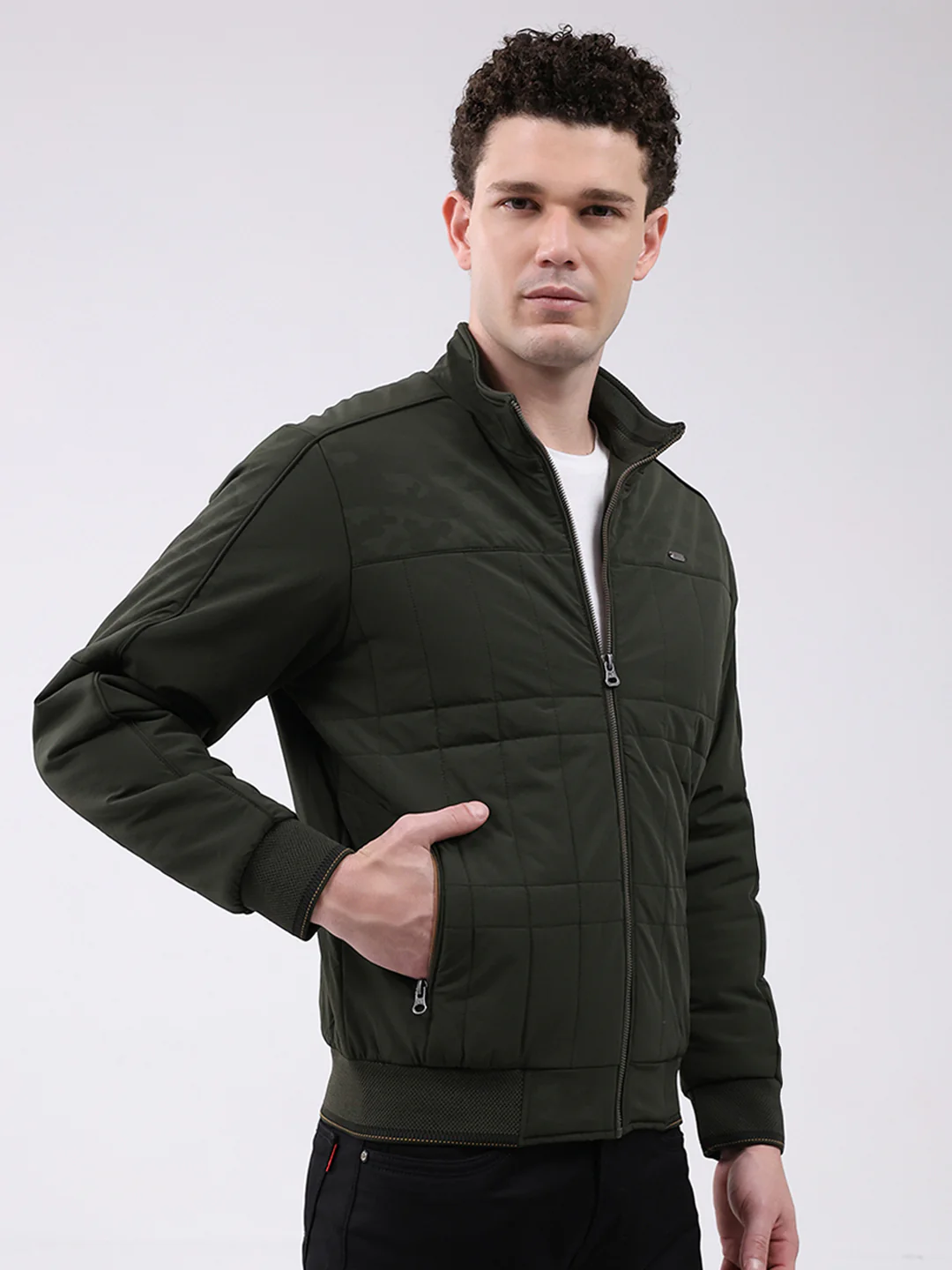 Men Green Solid Mock Neck Full Sleeve Jacket - Image 4