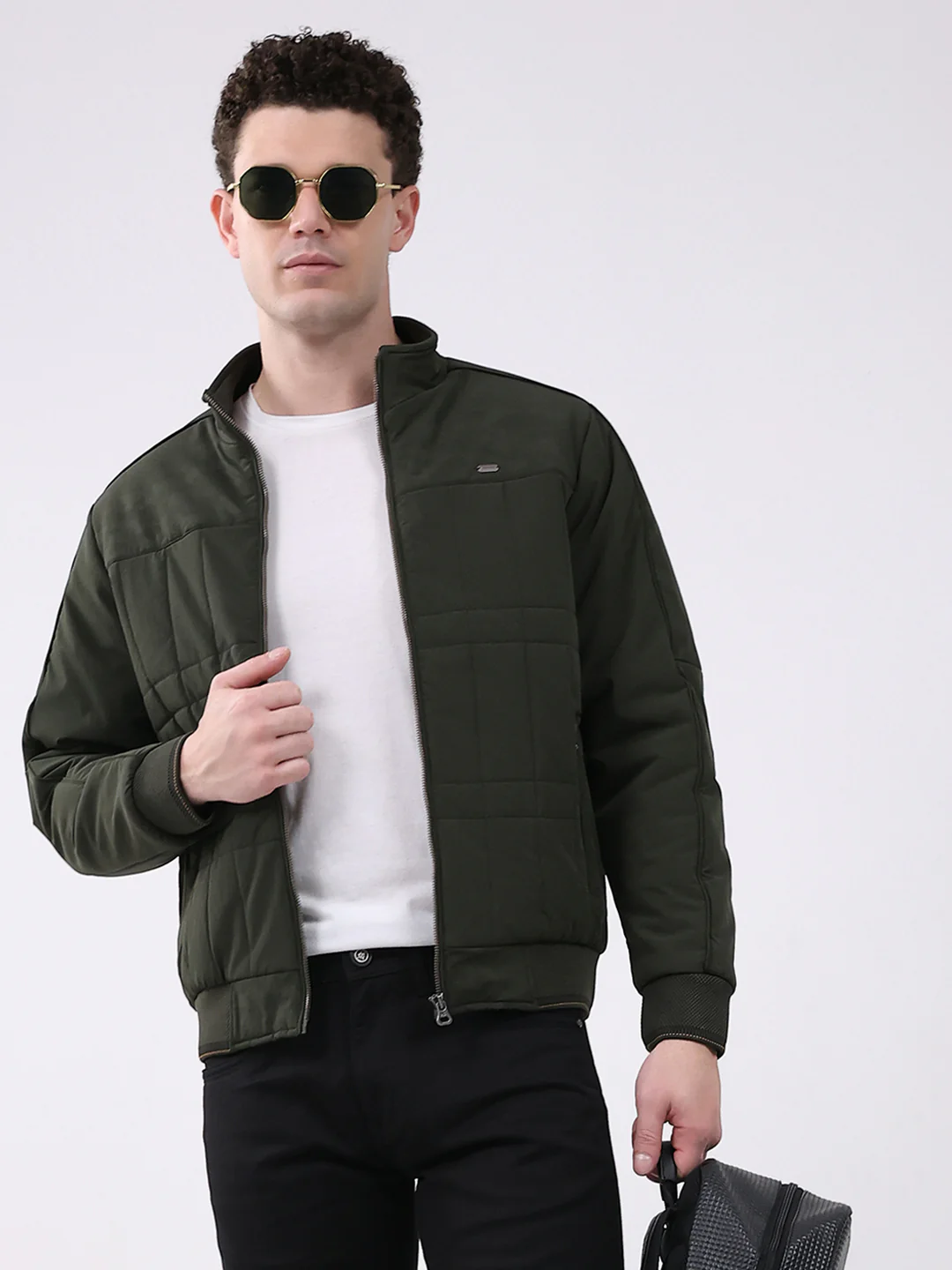 Men Green Solid Mock Neck Full Sleeve Jacket - Image 6