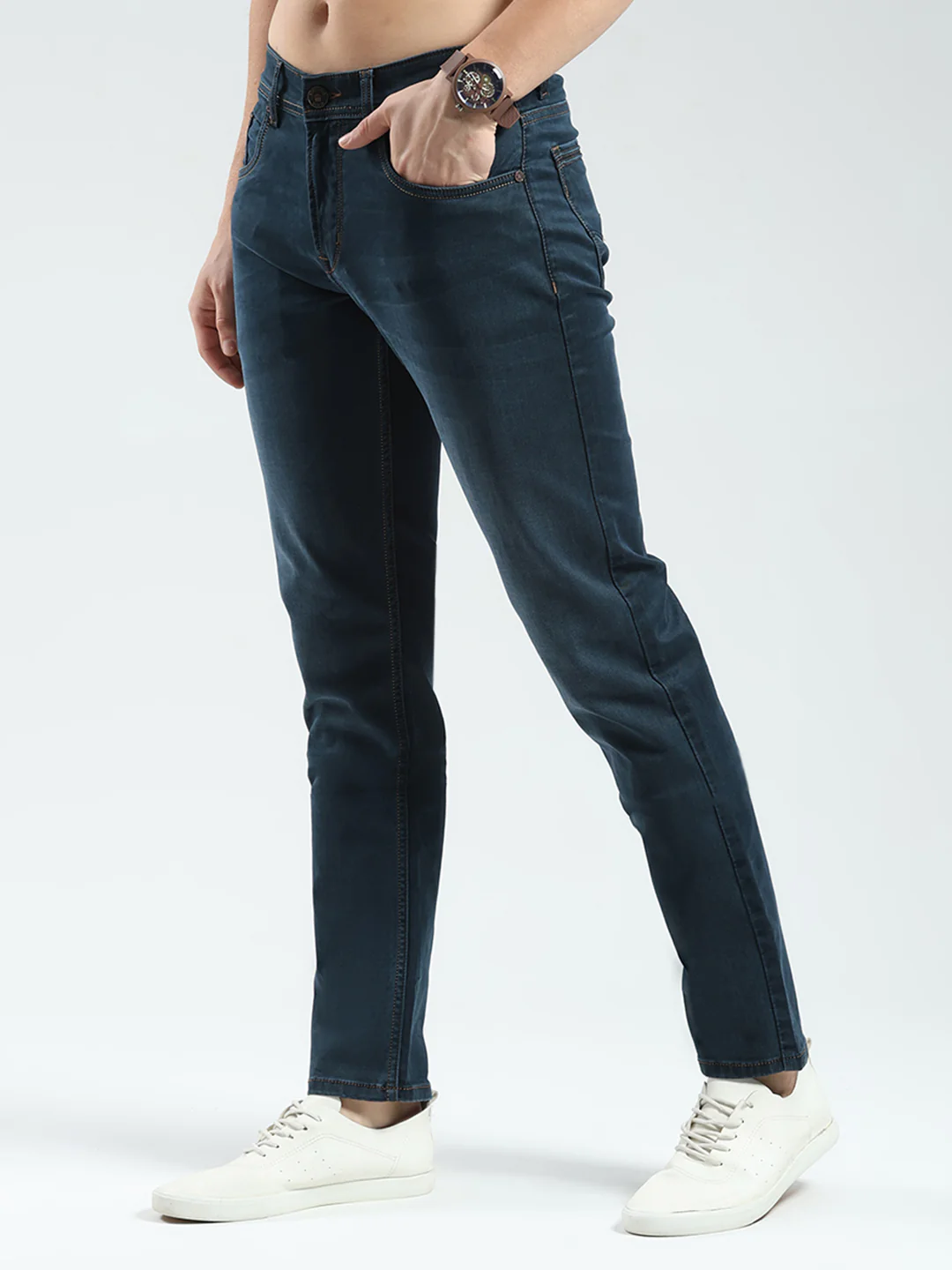 Men Green Solid Narrow Fit Denim - Image 3