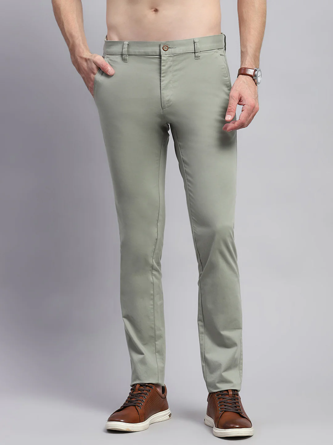 Men Green Solid Regular Fit Trouser - Image 2