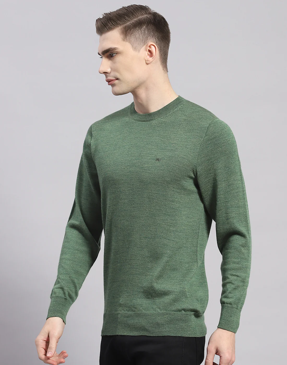 Men Green Solid Round Neck Full Sleeve Pullover - Image 3
