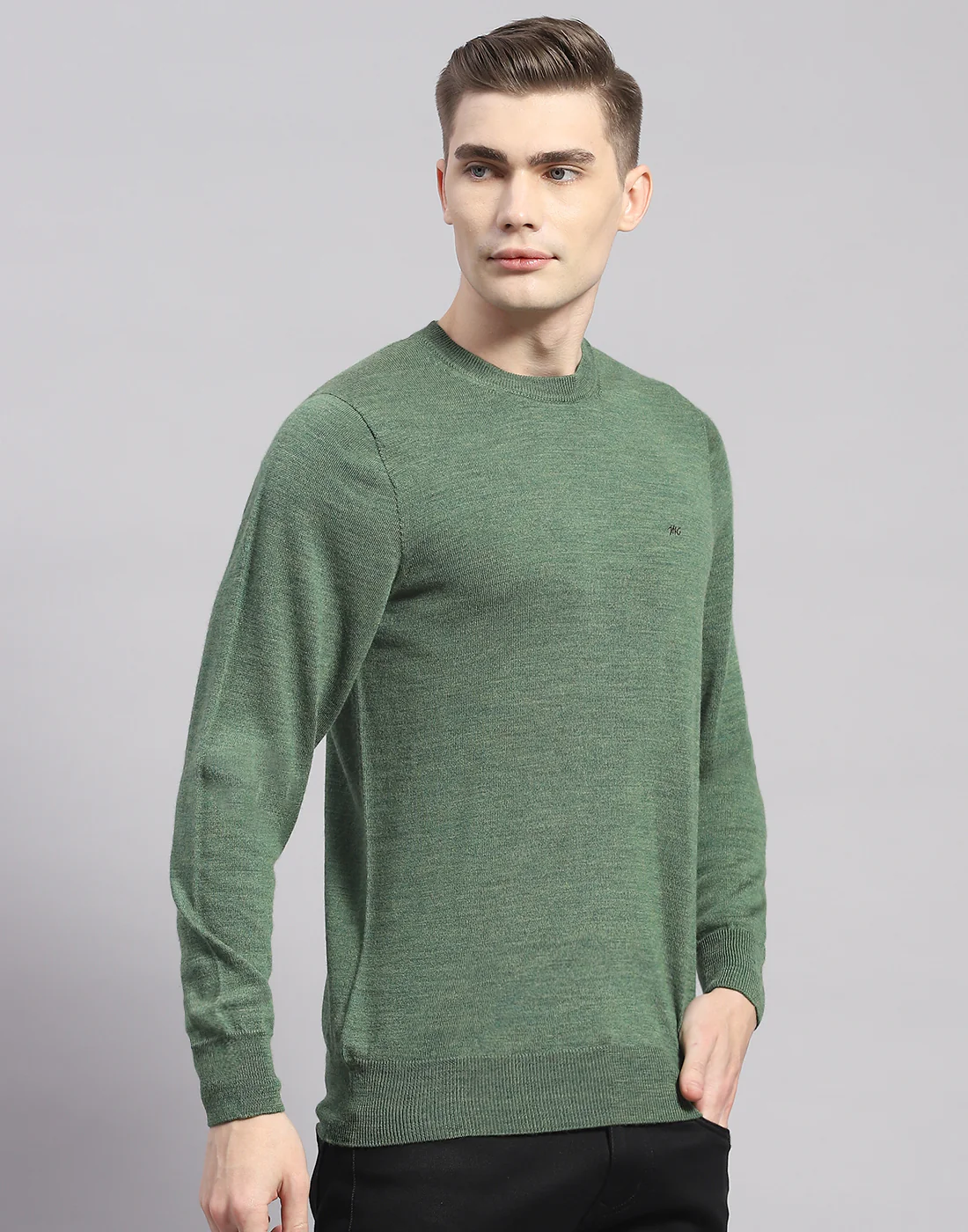 Men Green Solid Round Neck Full Sleeve Pullover - Image 4