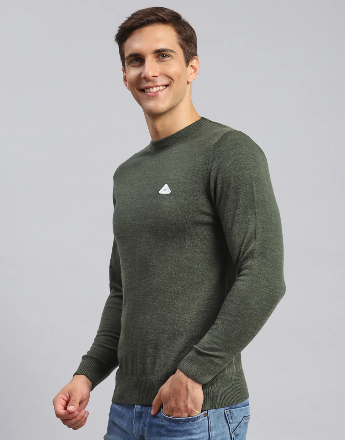 Men Green Solid Round Neck Full Sleeve Pullover - Image 3