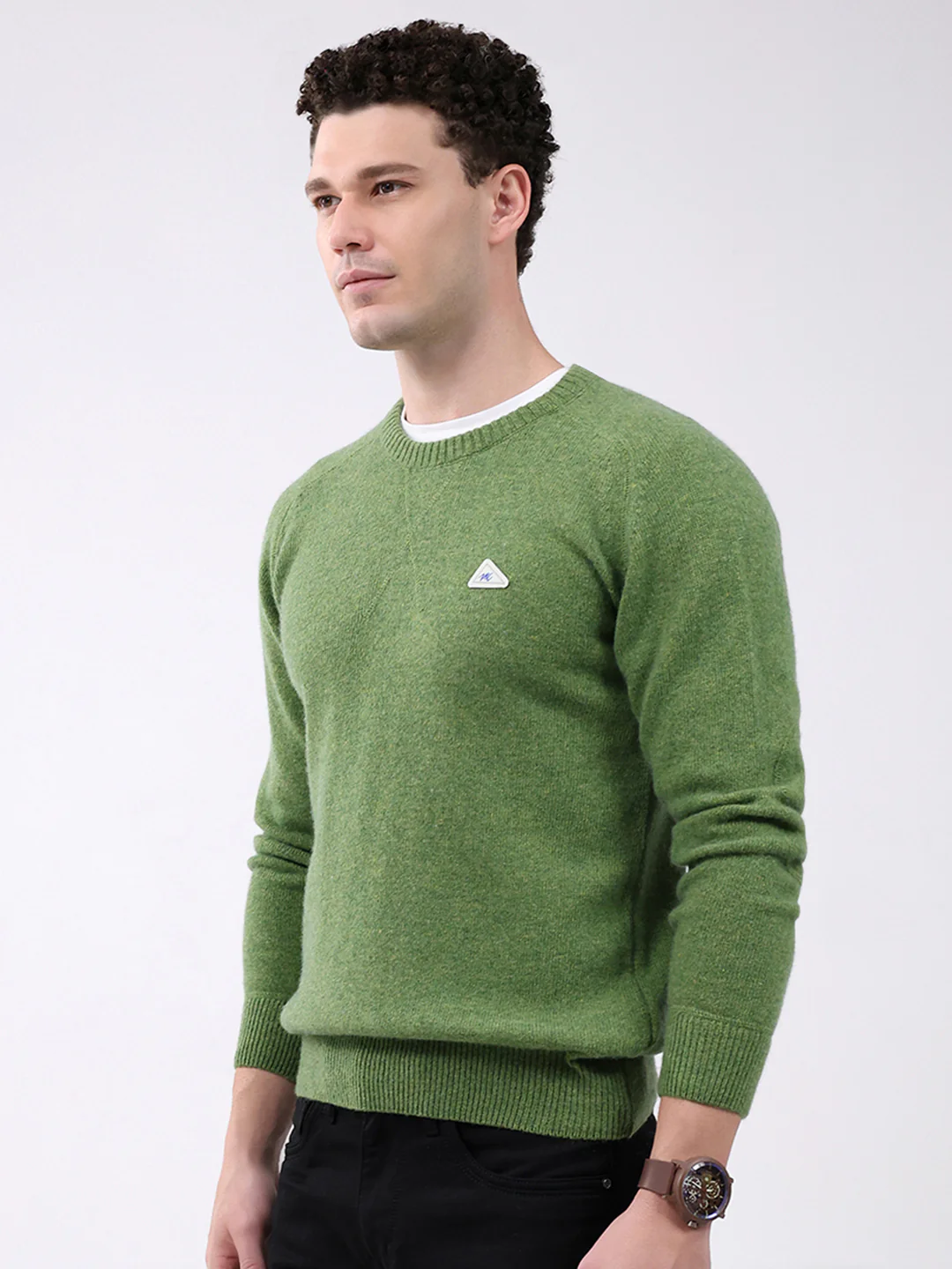 Men Green Solid Round Neck Full Sleeve Pullover - Image 3